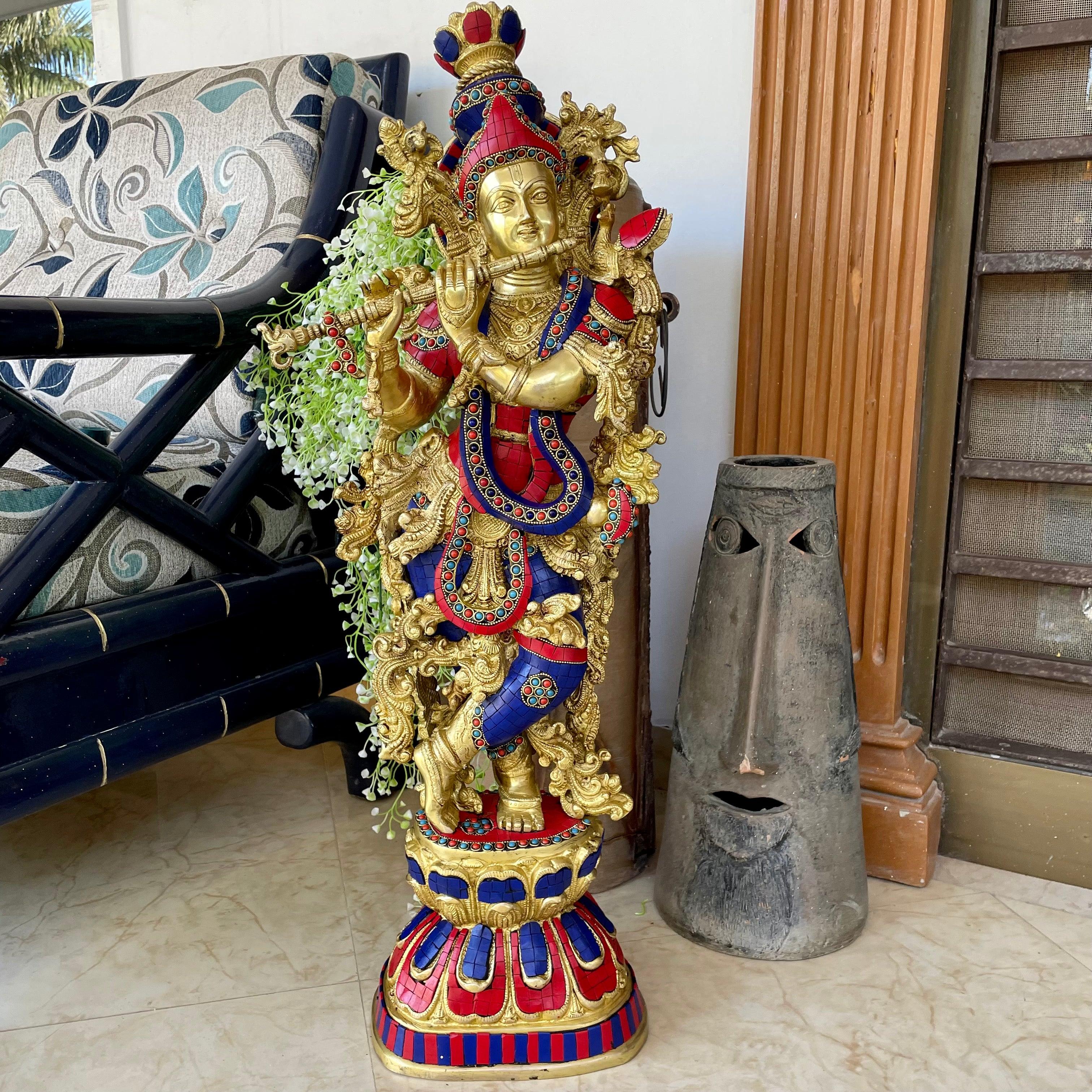 Krishna Statue For Home Temple, 30 Inches Shri Krishna Brass Stonework Idol