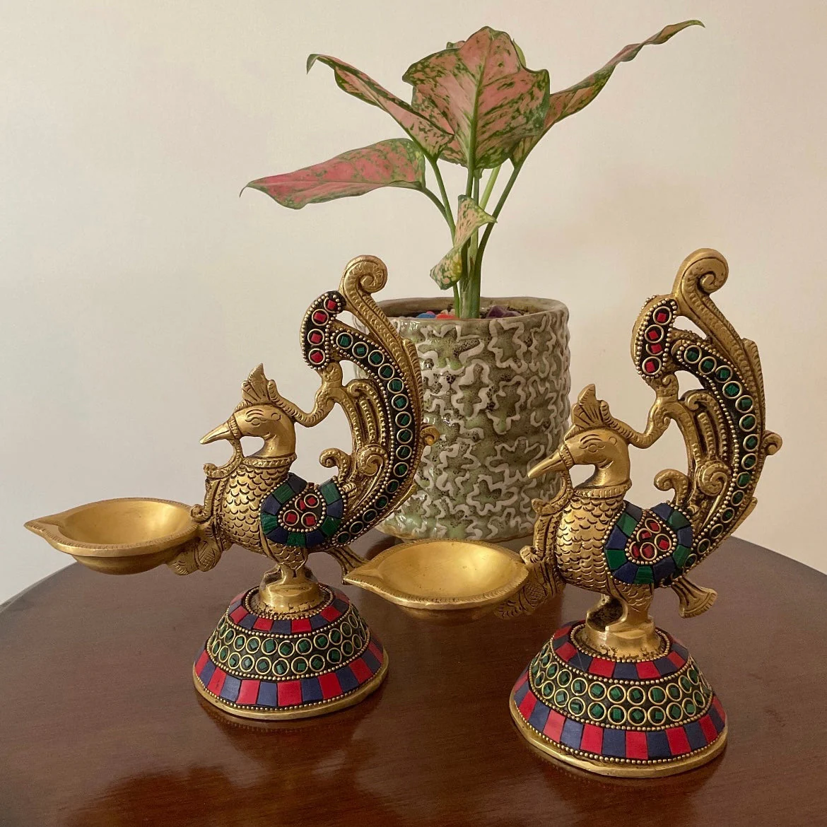 Dancing Peacock Diya With Stonework (Set of 2) - Handmade Brass lamp -  Brass Diya For Pooja