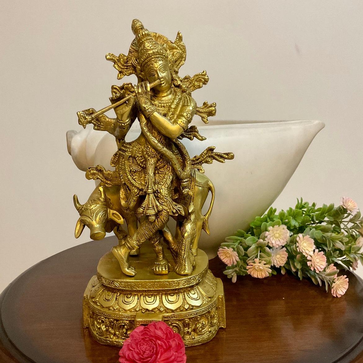 Lord Krishna Statue, 12 Inches Brass Krishna Cow idol For Home Temple