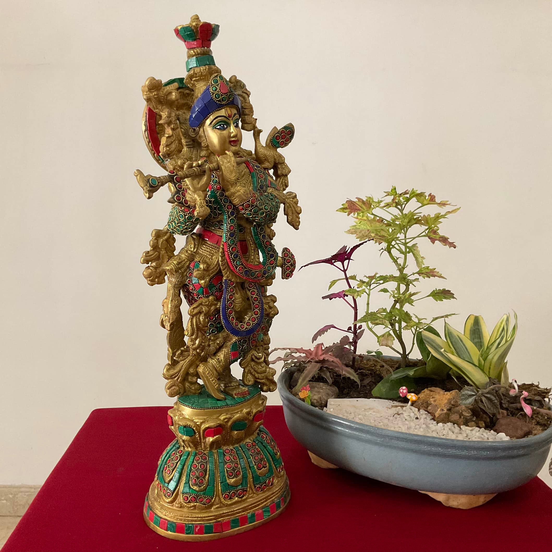 20 Inches Lord Krishna Statue, Brass Stonework Idol for Pooja, Home Entrance