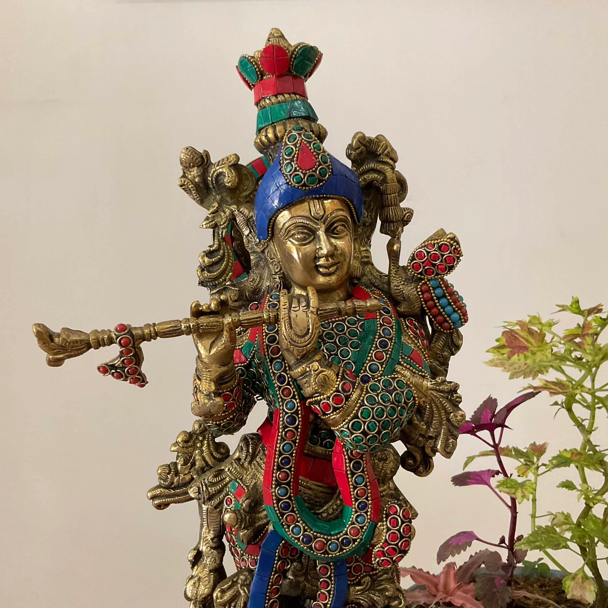 20 Inches Radha Krishna Idol Brass Stonework, God of Love, Decorative Statue Figurines