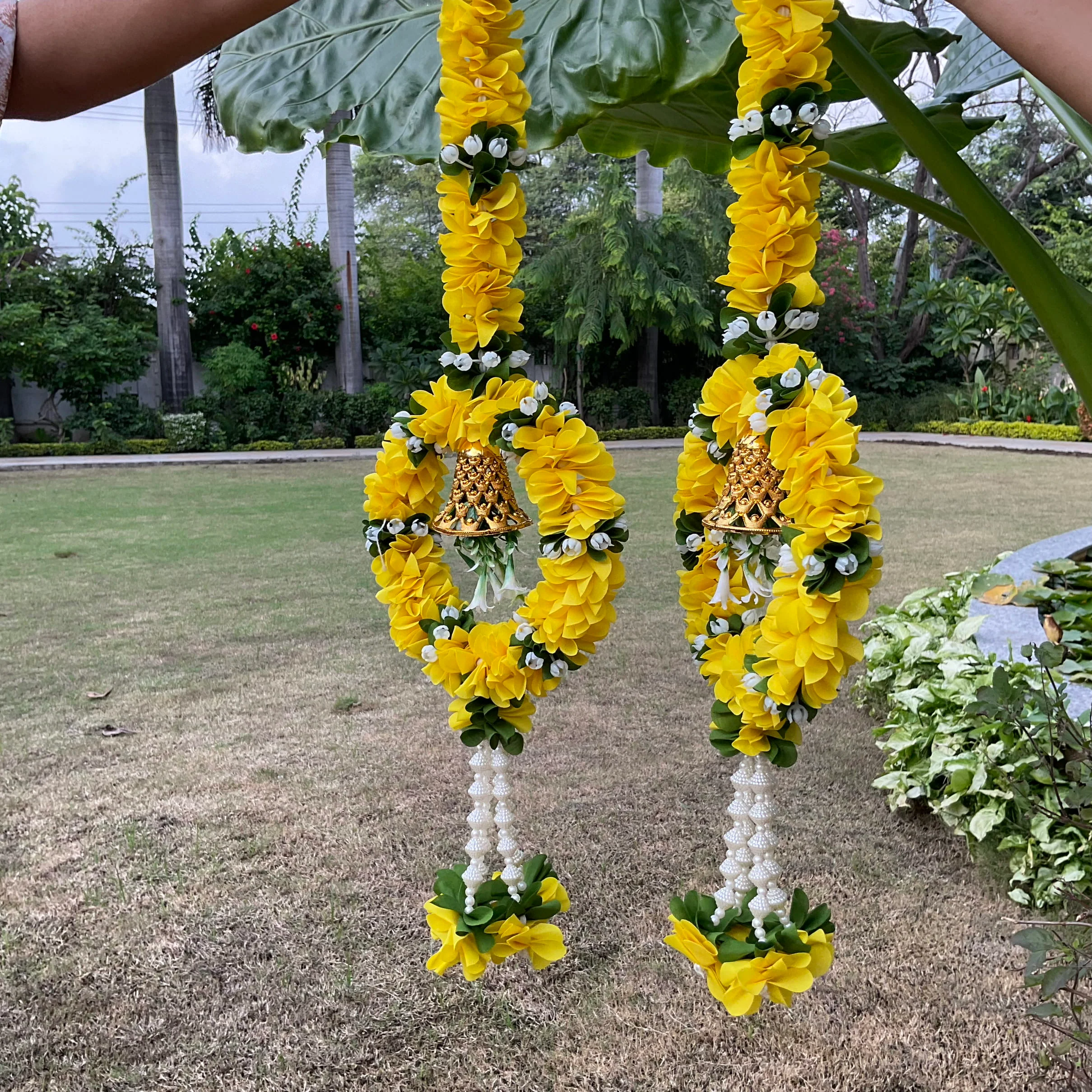 Artificial Yellow Flower Ring With Bell (Set of 6) - Festive Decoration Wall Hanging