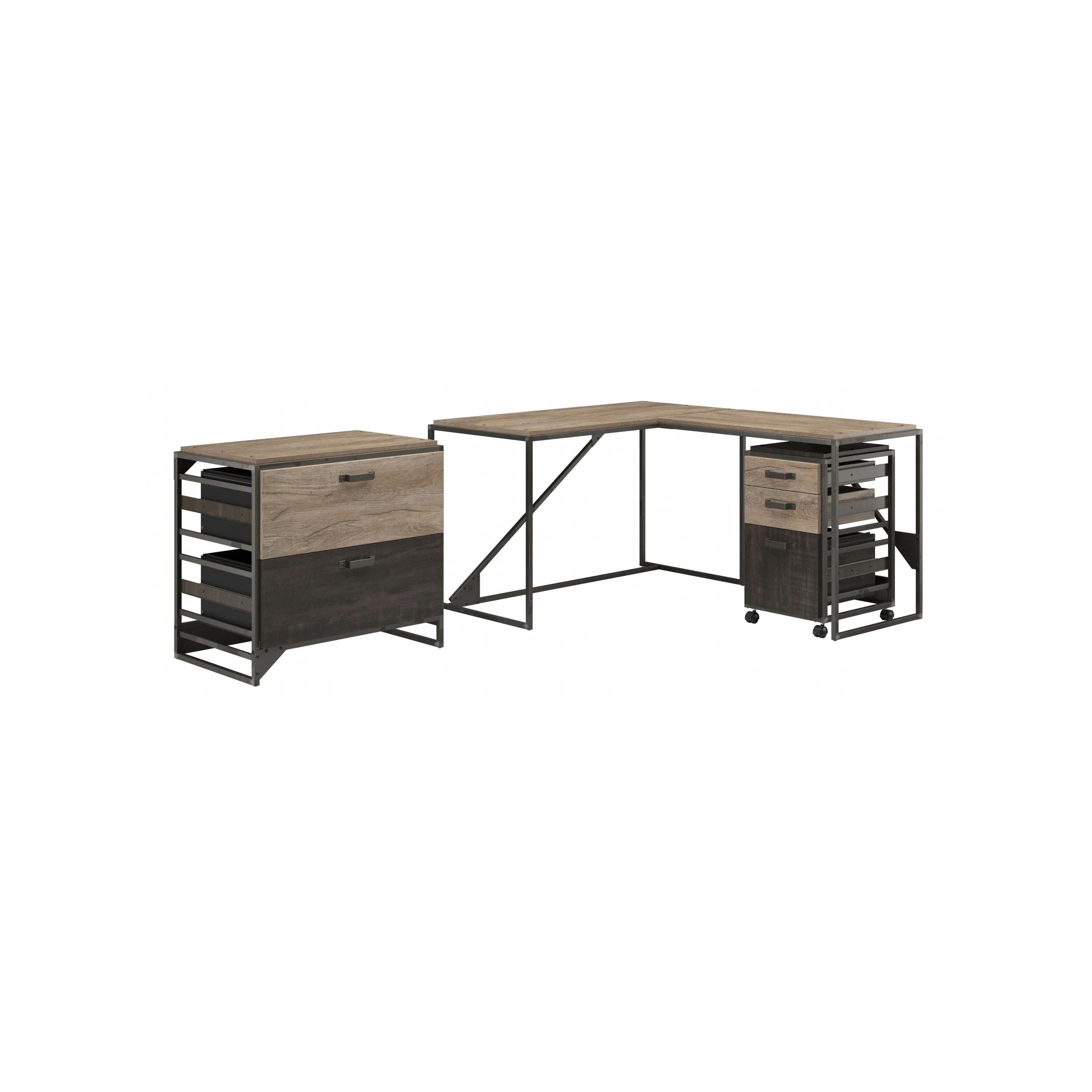 Refinery 50W L Shaped Industrial Desk with File Cabinets