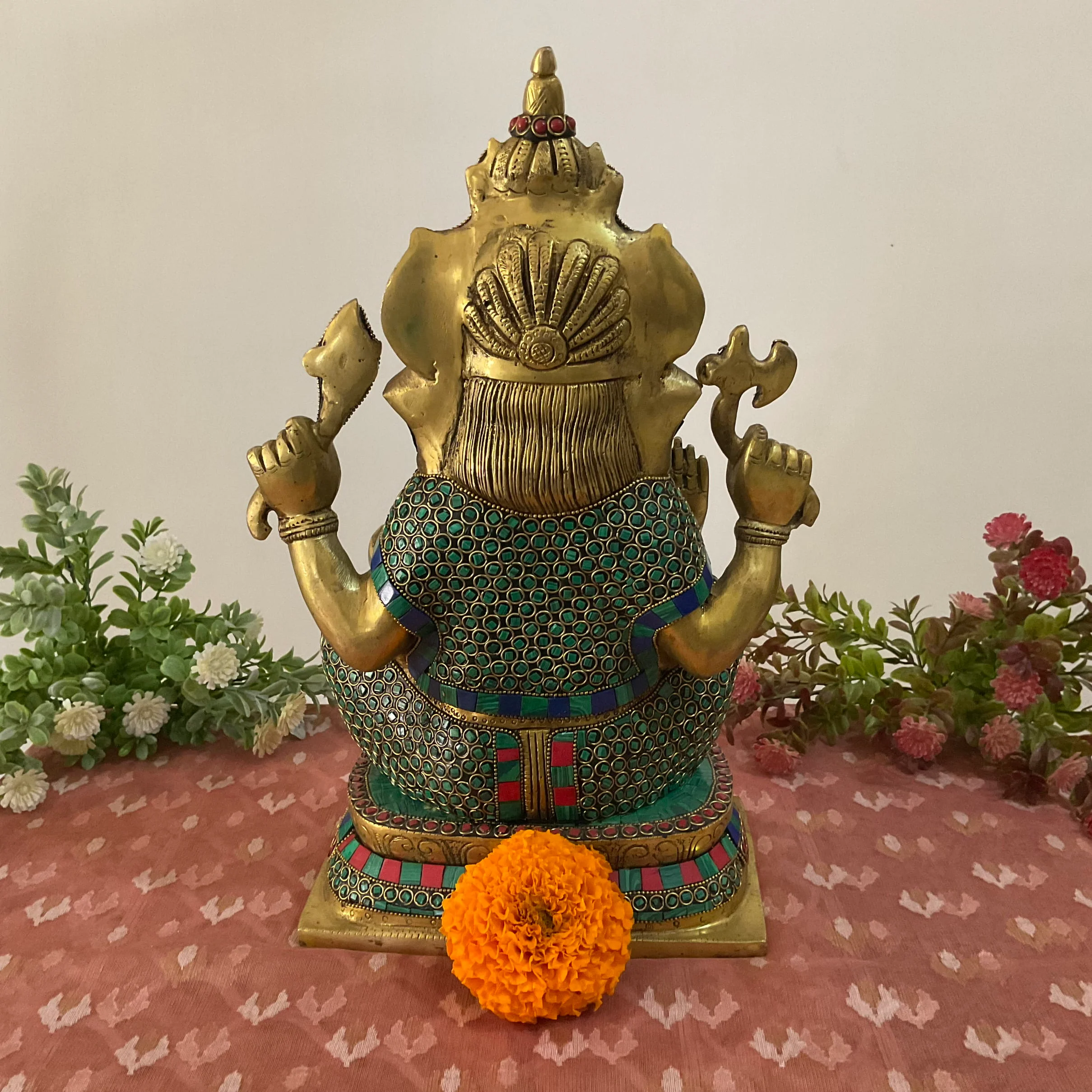 15 Inch Brass Ganesh Idol With Stonework - Ganpati Statue for Home Pooja, Housewarming Gift