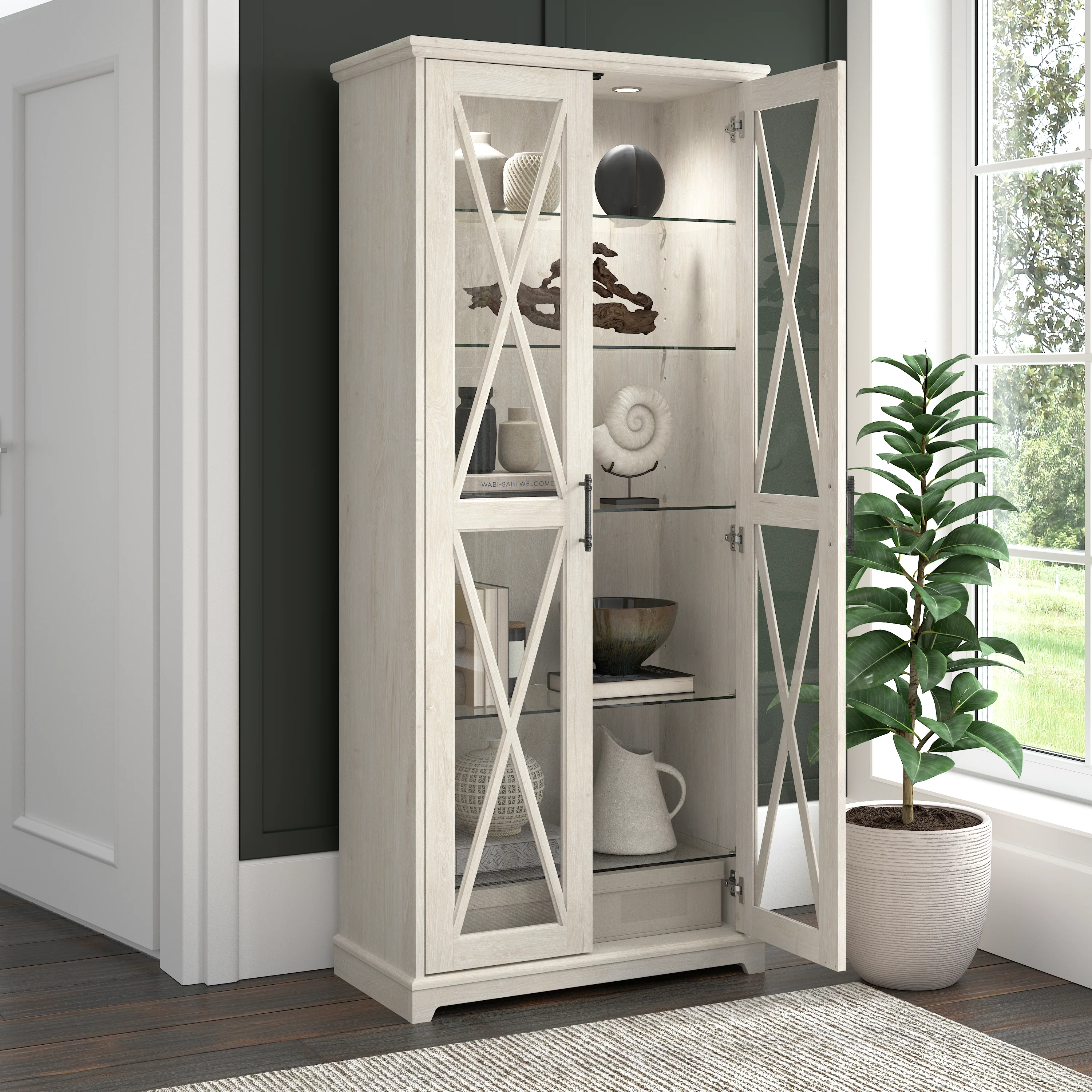 Lennox Farmhouse Curio Cabinet with Glass Doors and Shelves