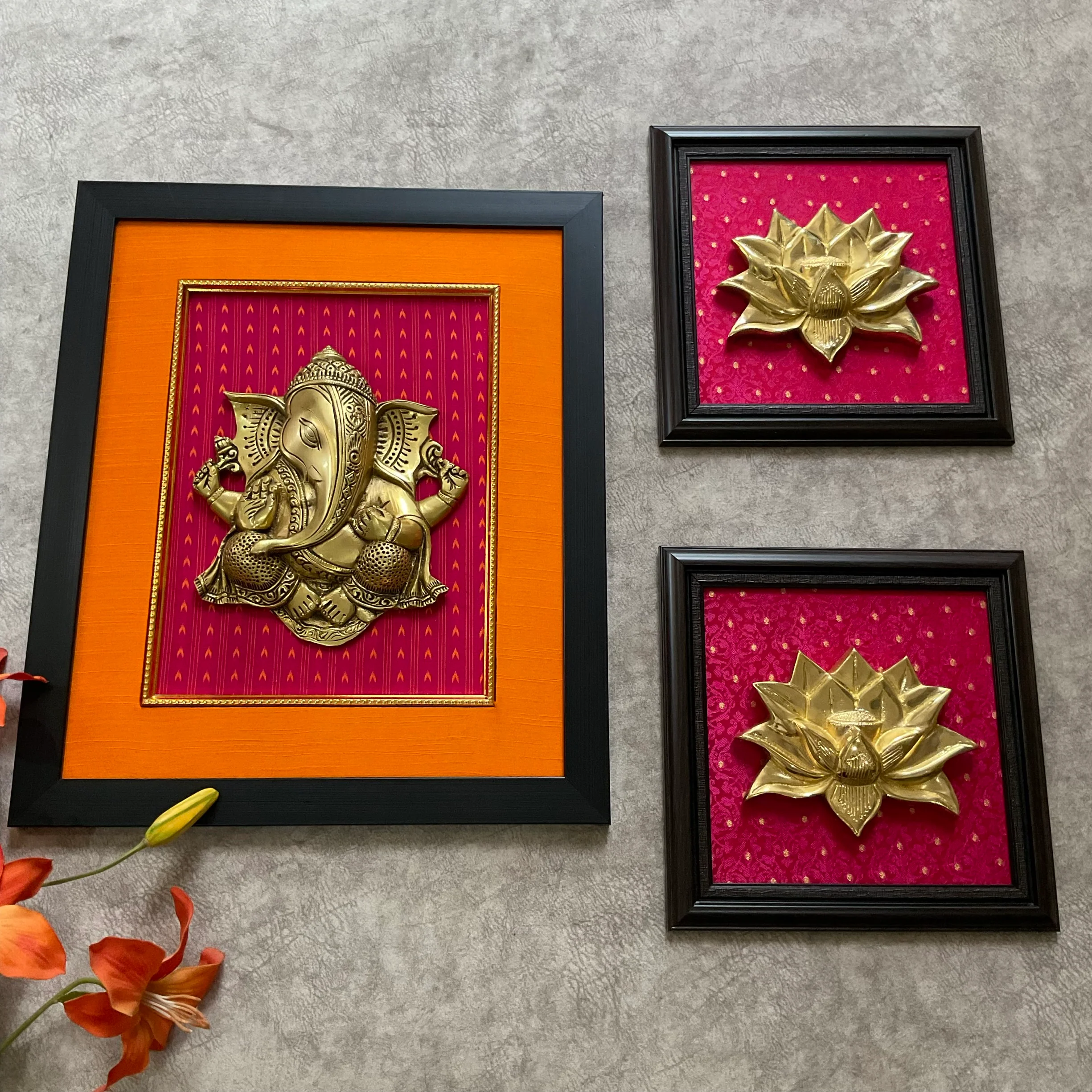 Framed Brass Ganesha Lotus Wall Hanging (Set of 3)