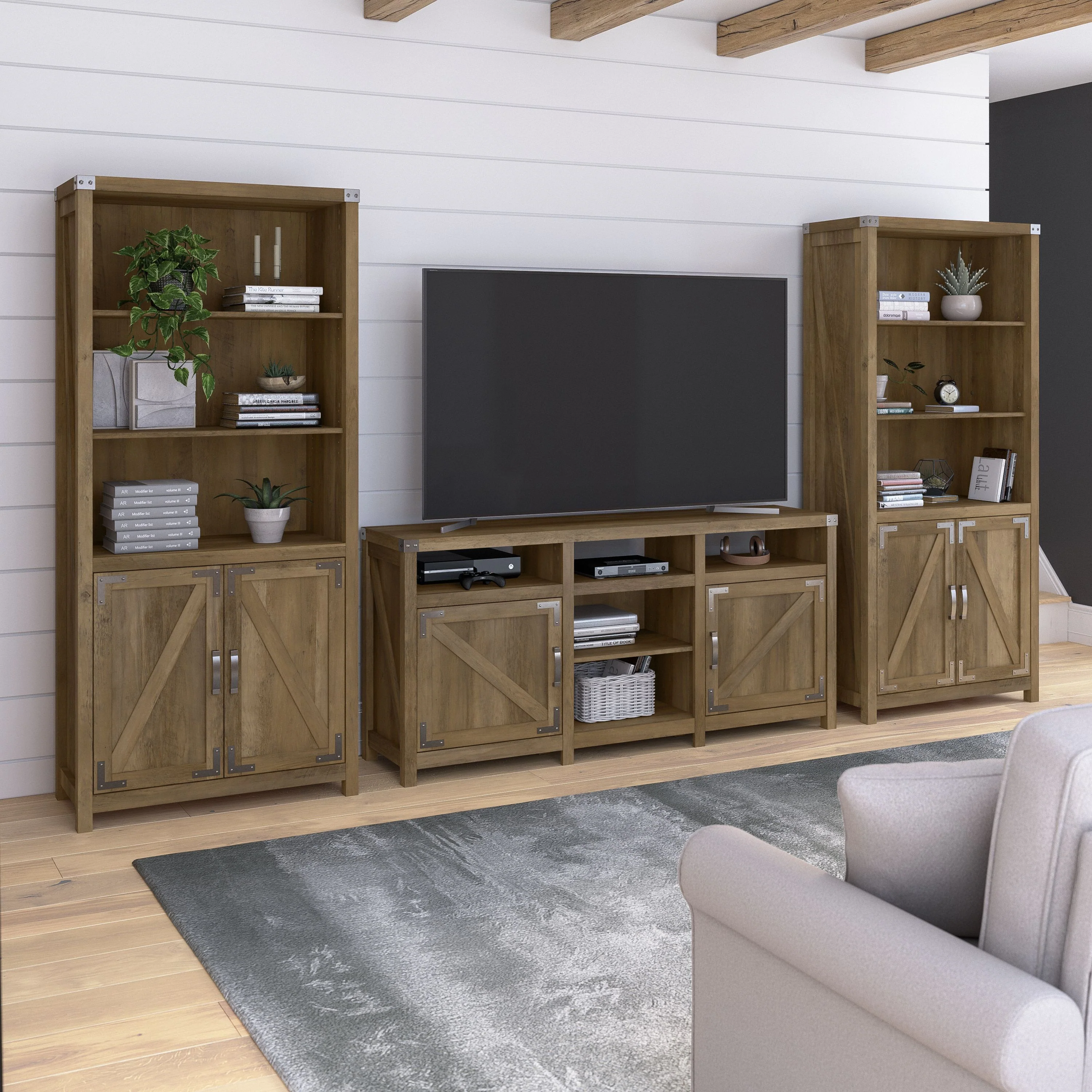 Knoxville Farmhouse TV Stand for 70 Inch TV with 5 Shelf Bookcases with Doors