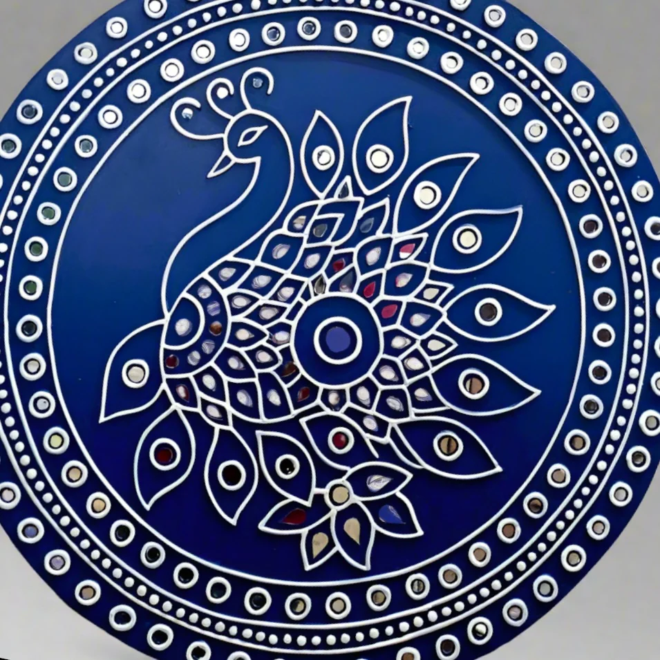 18 Inches Peacock Navy Blue Lippan Art Wall Hanging - Clay Mirror Wall Decor