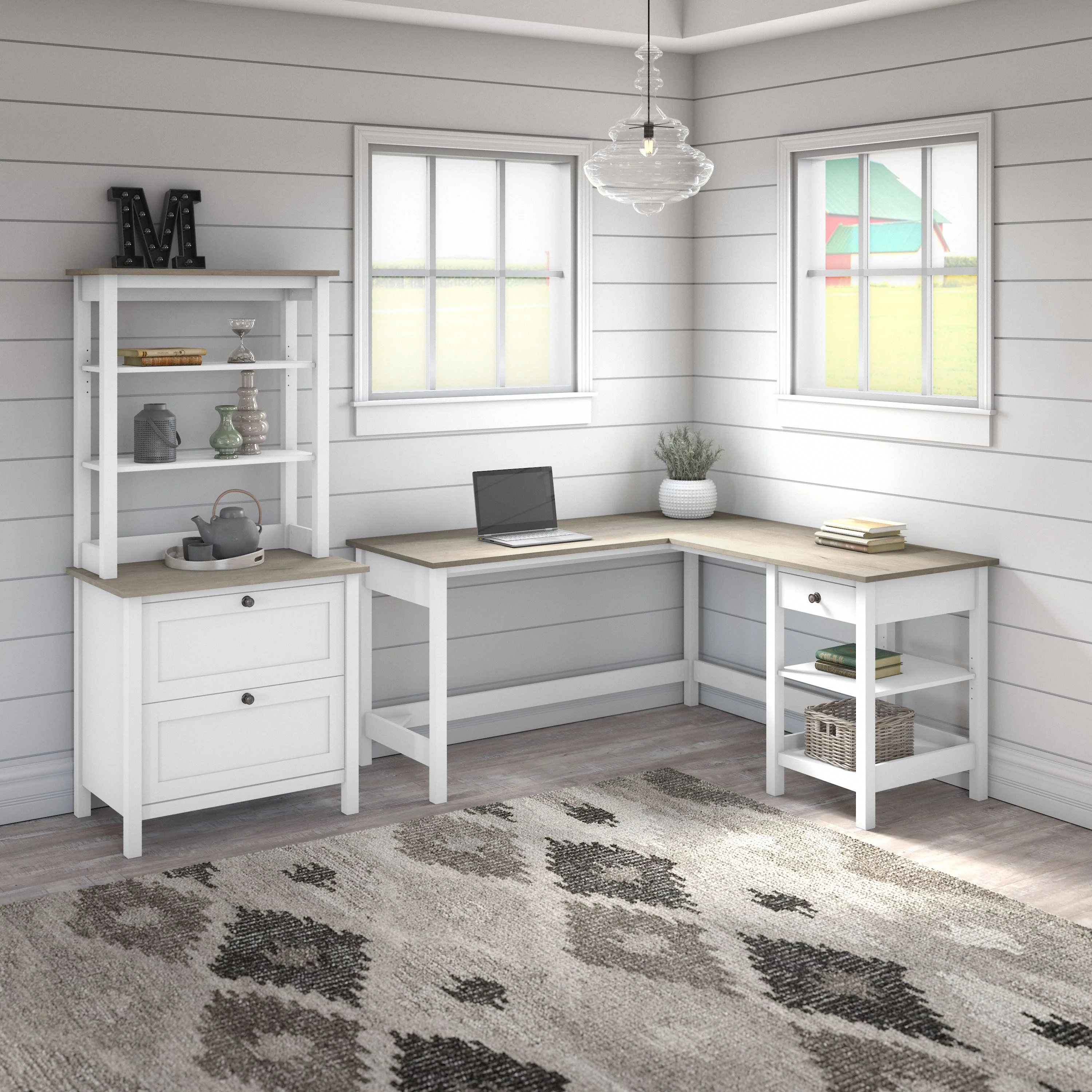 60W L Shaped Computer Desk with Lateral File Cabinet and Hutch