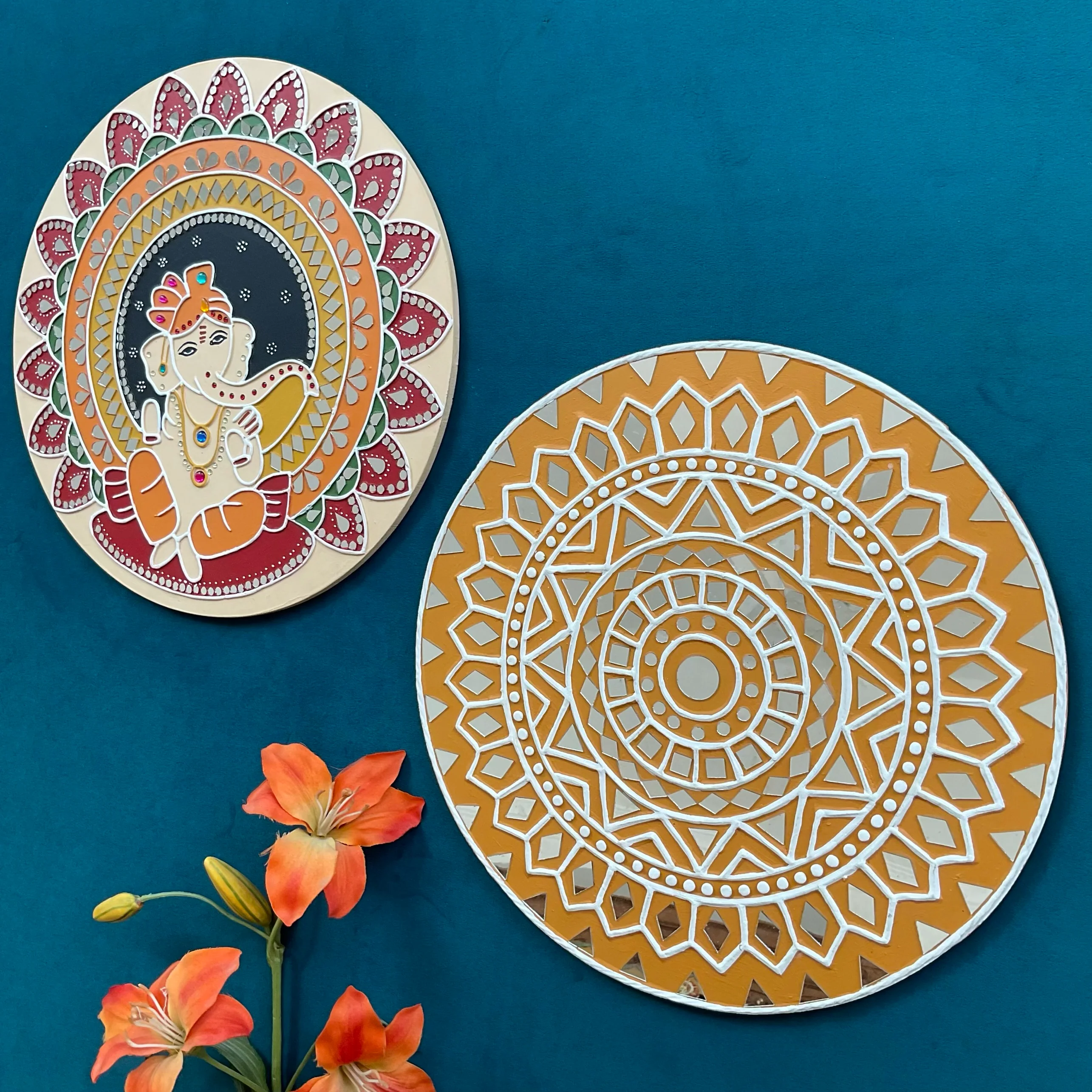 15 Inch Ganpati Lippan Art (Set of 2) Wall Hanging - Clay Mirror Wall Decor