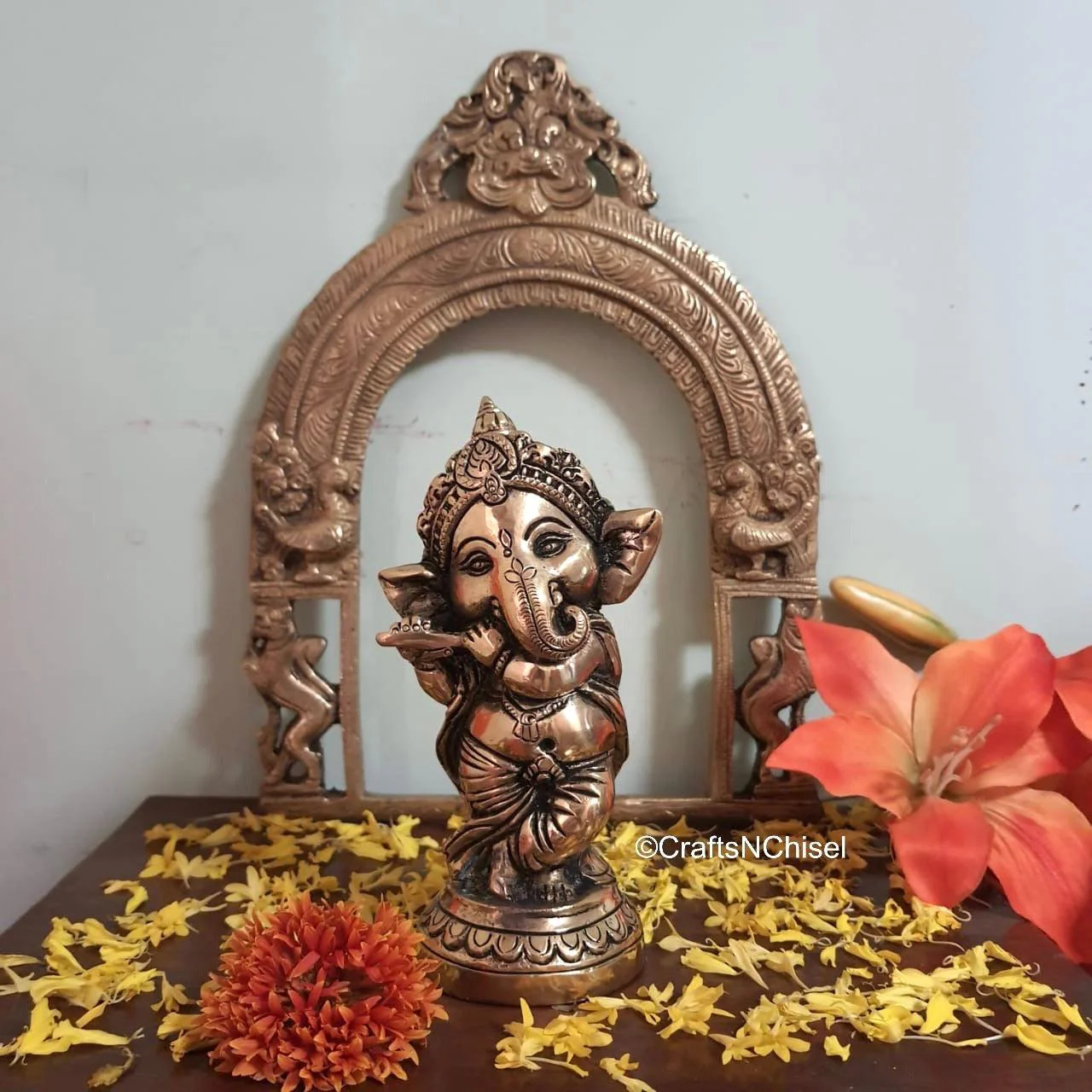 Flute Ganesh Brass Idol & Prabhavali Set