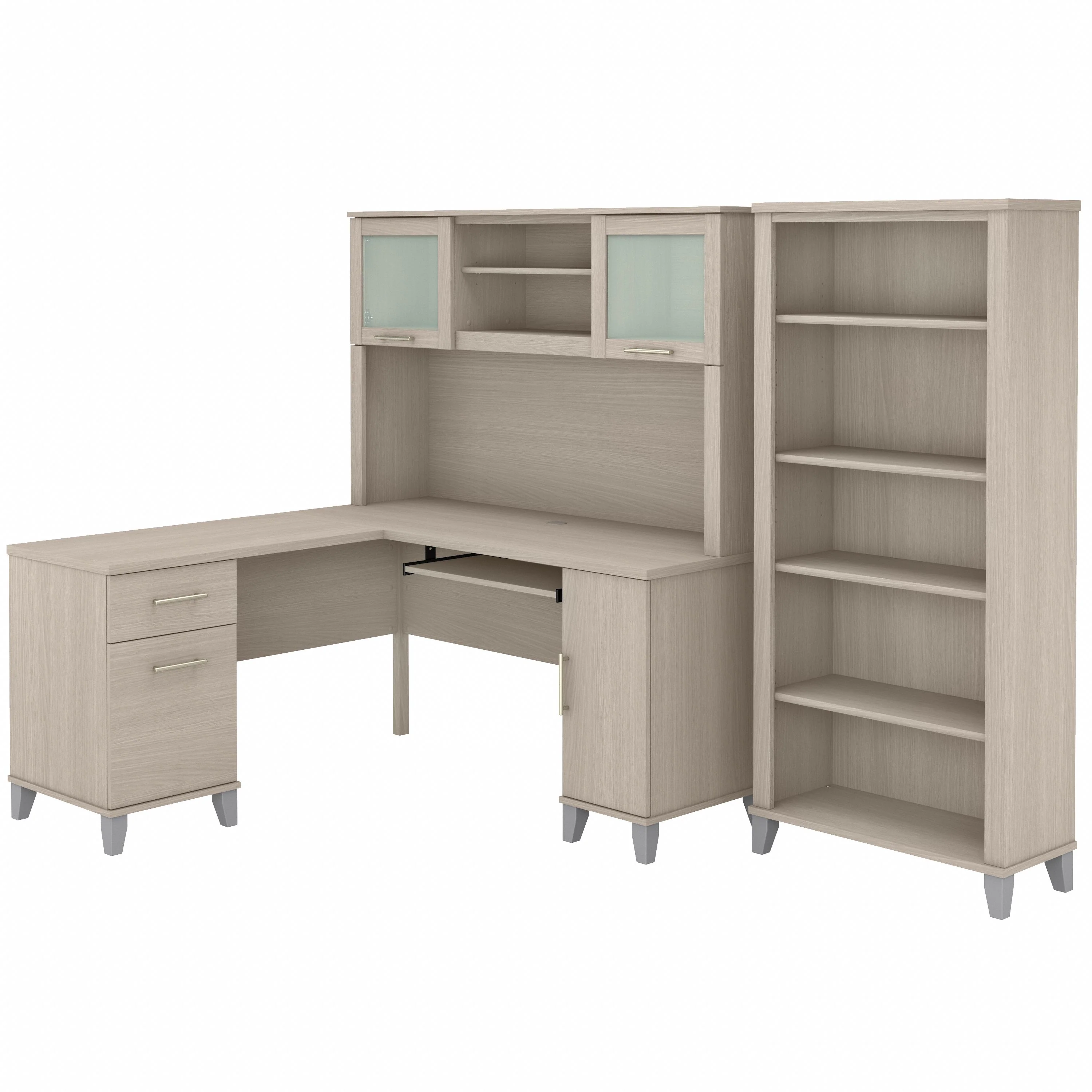 Somerset 60W L Shaped Desk with Hutch and 5 Shelf Bookcase