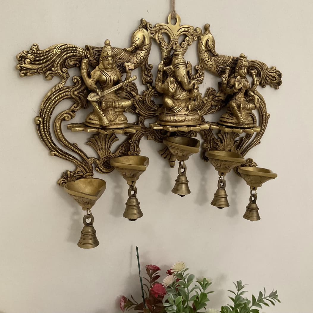 Lakshmi Ganesh Saraswati Hanging Diya & Bell - Brass Divine Wall Hanging - Festive Decor