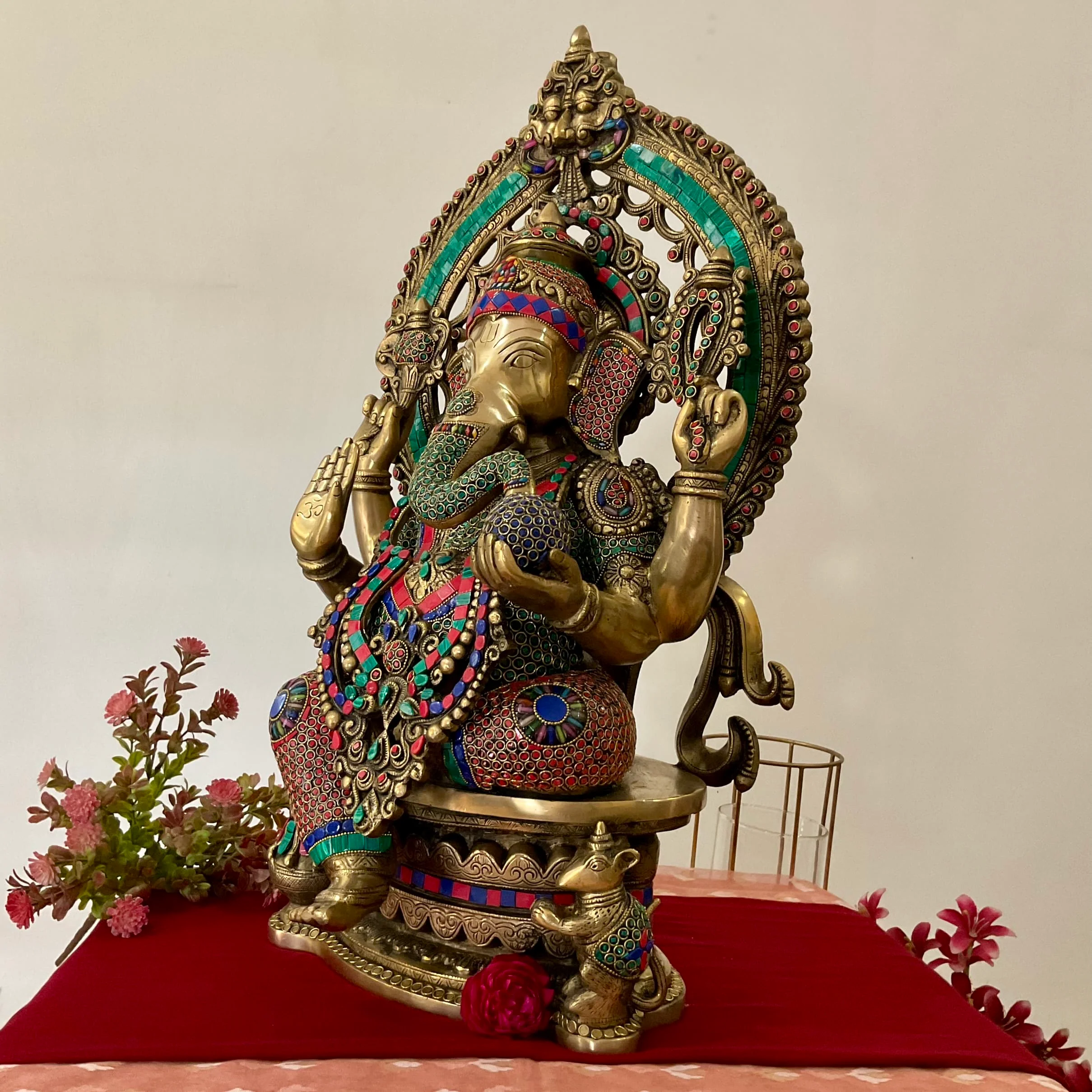 27 Inch Lord Ganesh Idol With Prabhavali - Brass Stonework Statue
