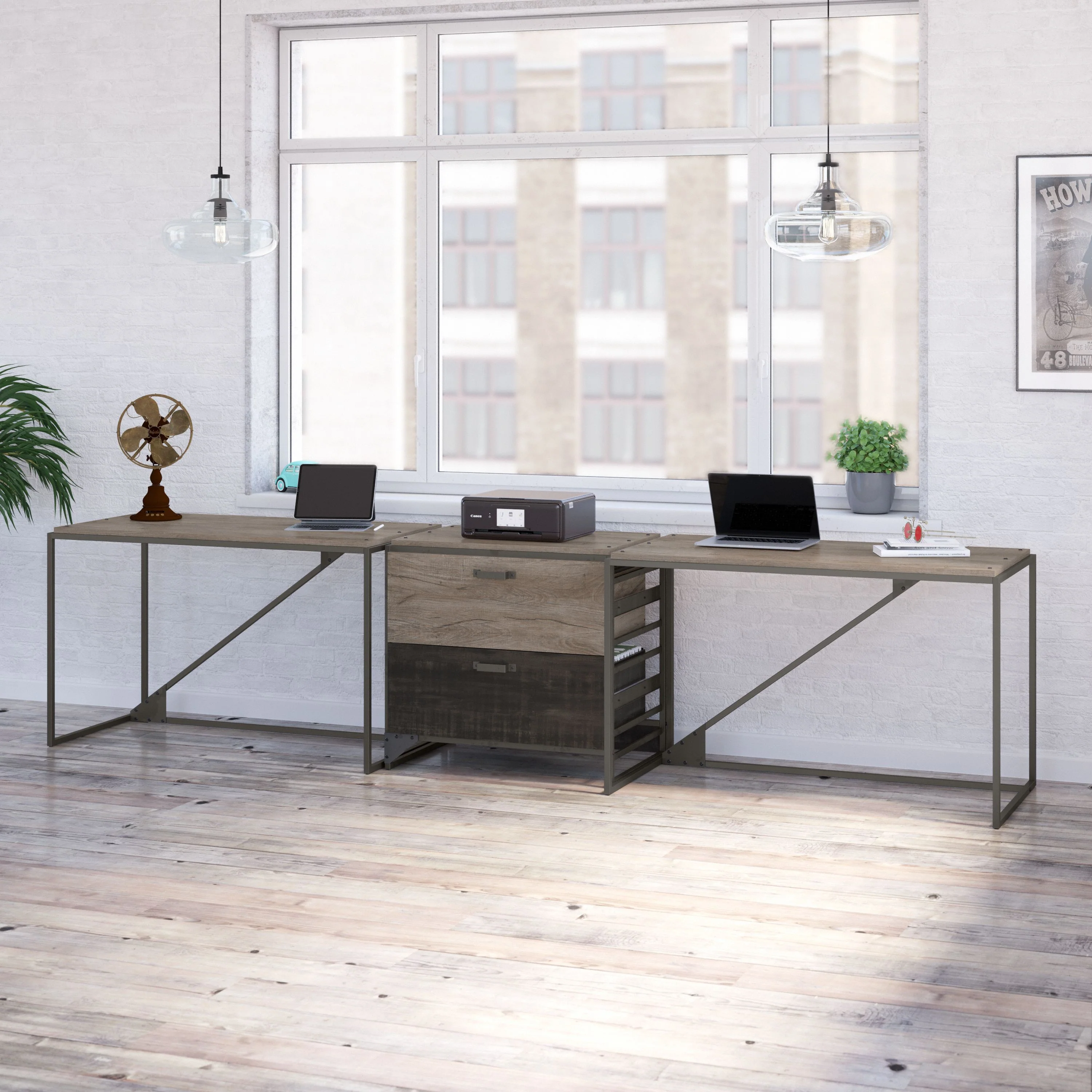 Refinery 2 Person Industrial Desk Set with Lateral File Cabinet
