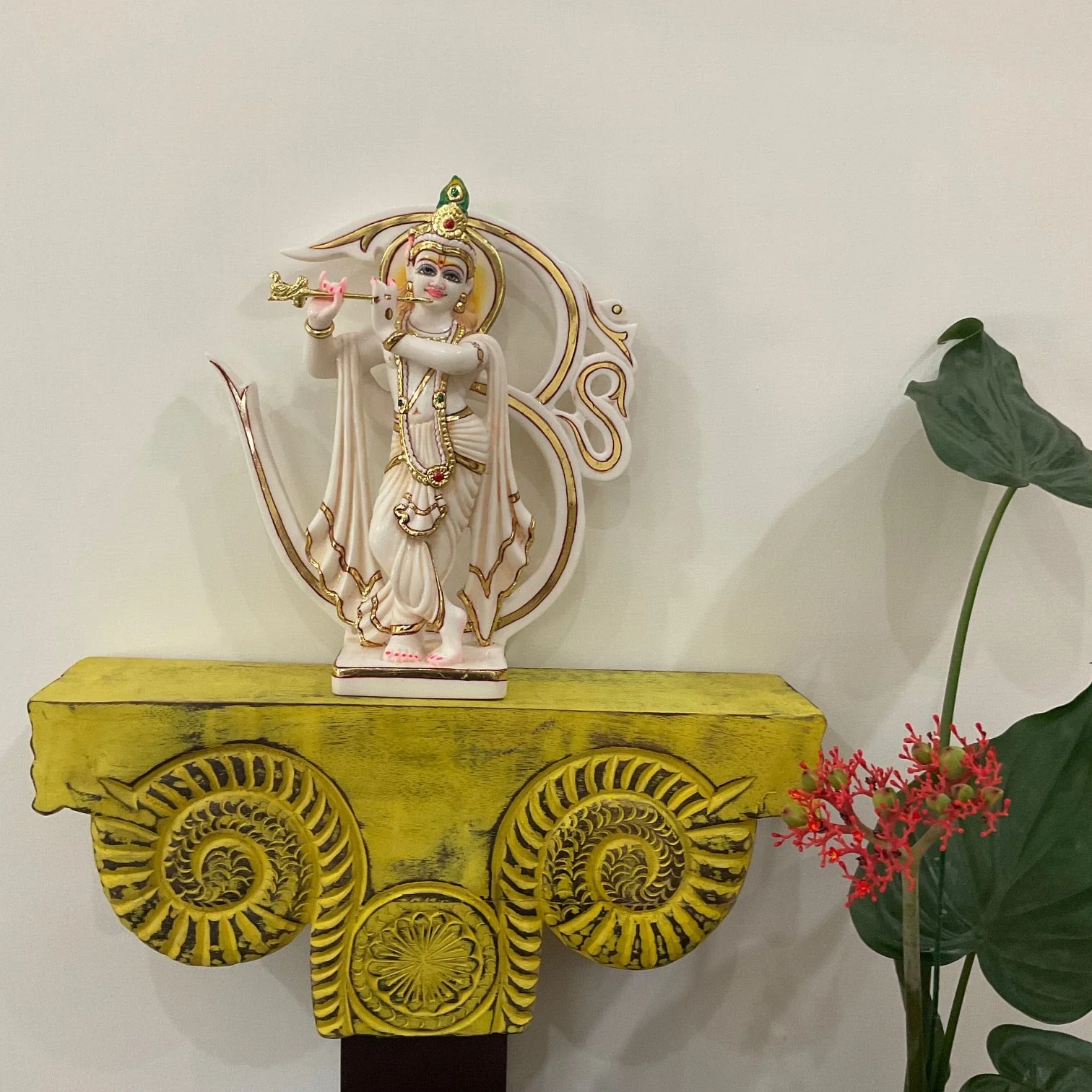 Krishna Marble Dust Idol With Distressed Wooded Yellow Platform Wall Hanging - Decorative Wall decor