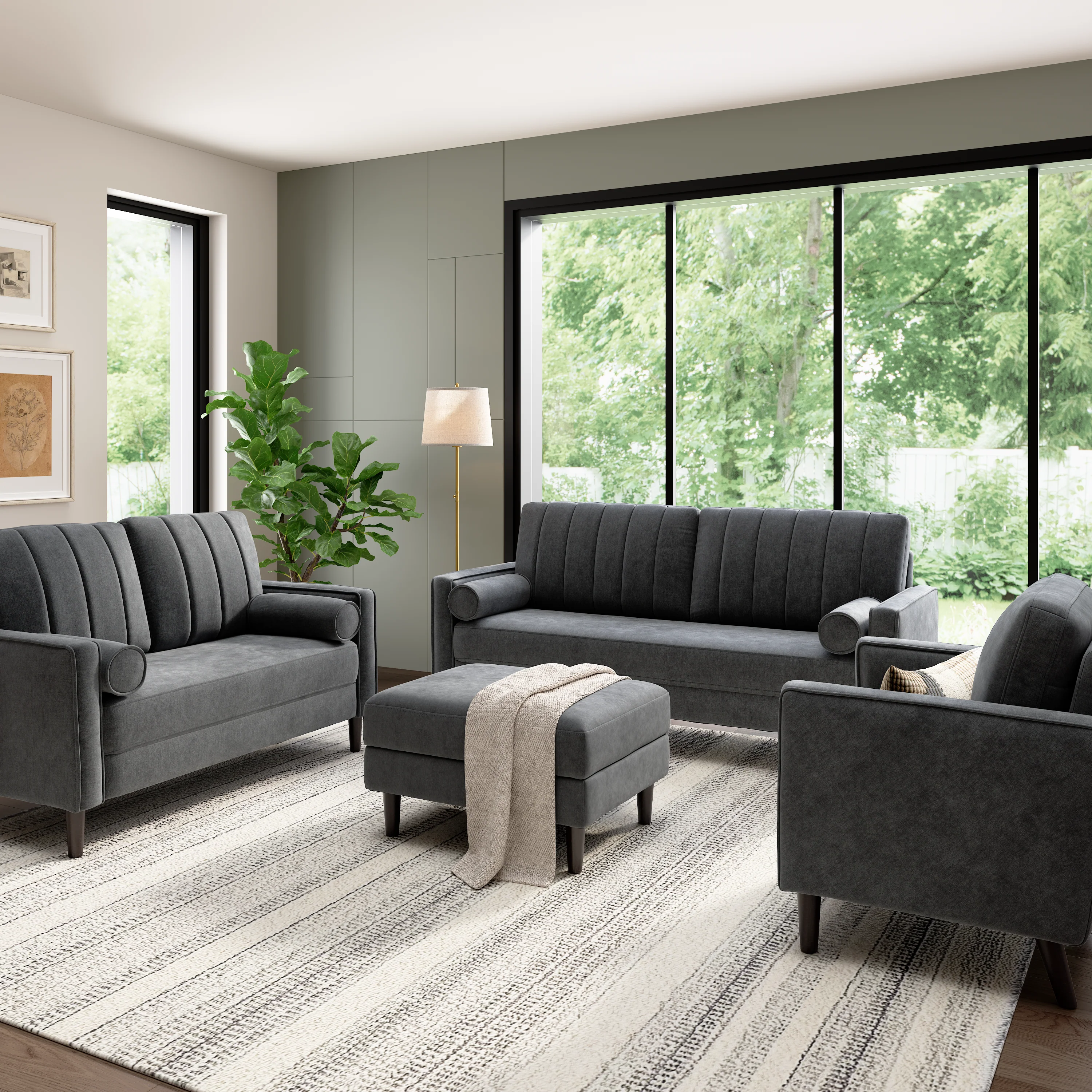 Bush Home Max 77W Sofa, 54W Loveseat, 32W Accent Chair, and Storage Ottoman