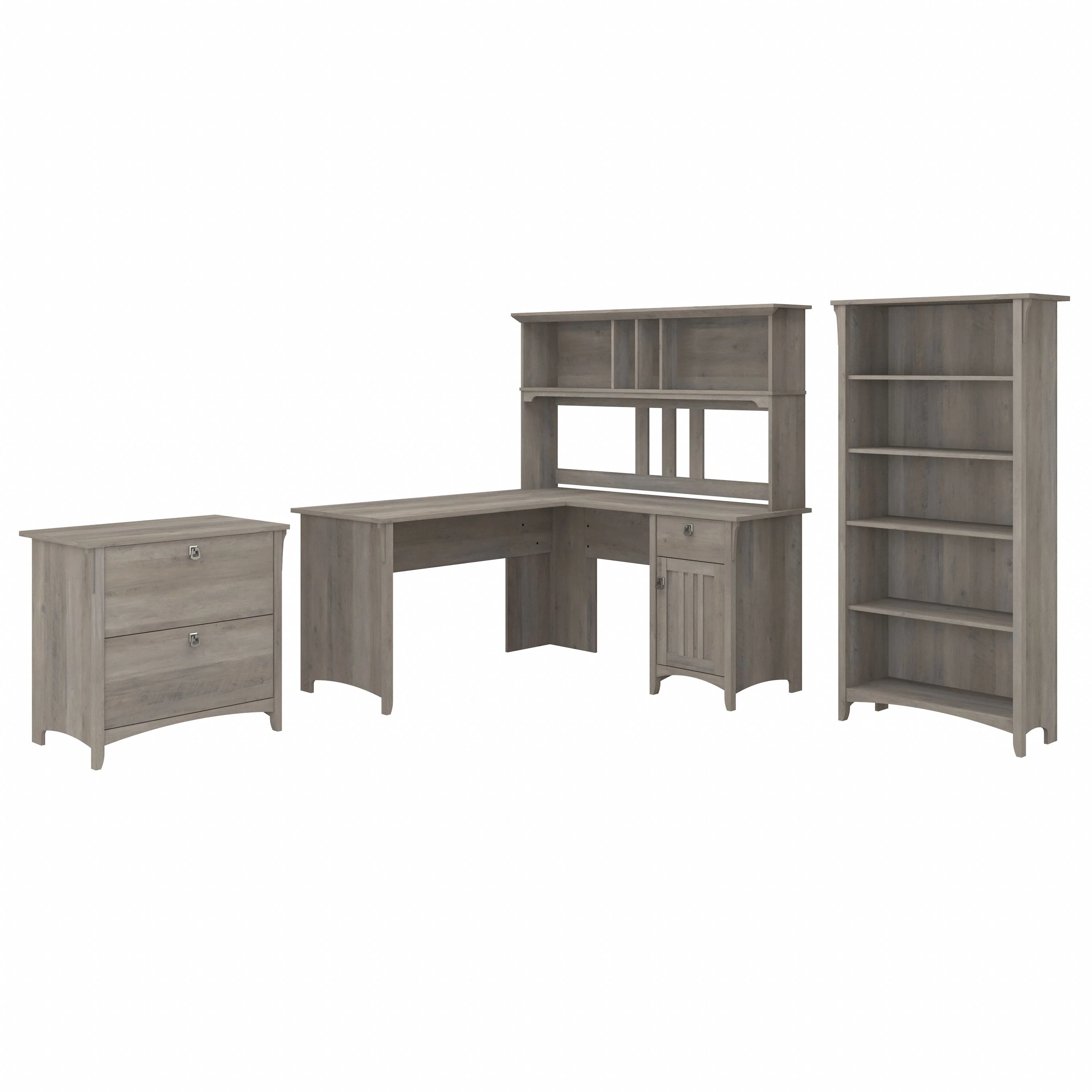 Salinas 60W L Shaped Desk with Hutch, Lateral File Cabinet and 5 Shelf Bookcase