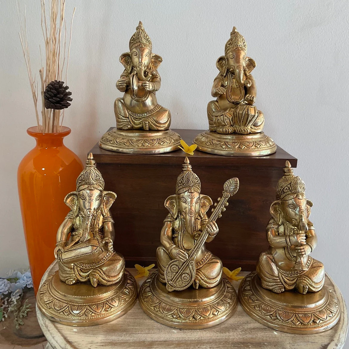 Brass Musician Ganesha Idol (set of 5) - Table Decor