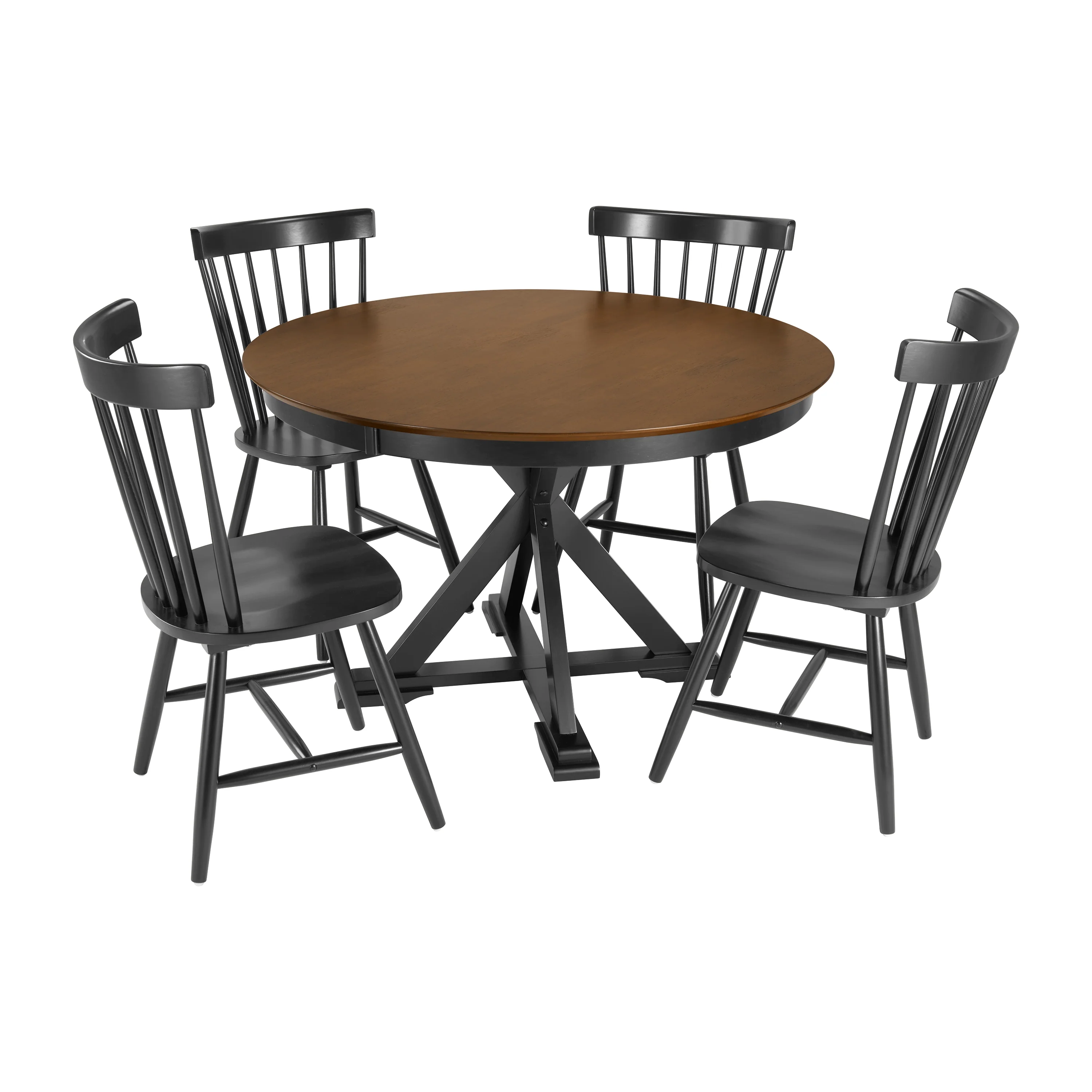 West End 45W Round Trestle Dining Table with 4 High Back Spindle Dining Chairs