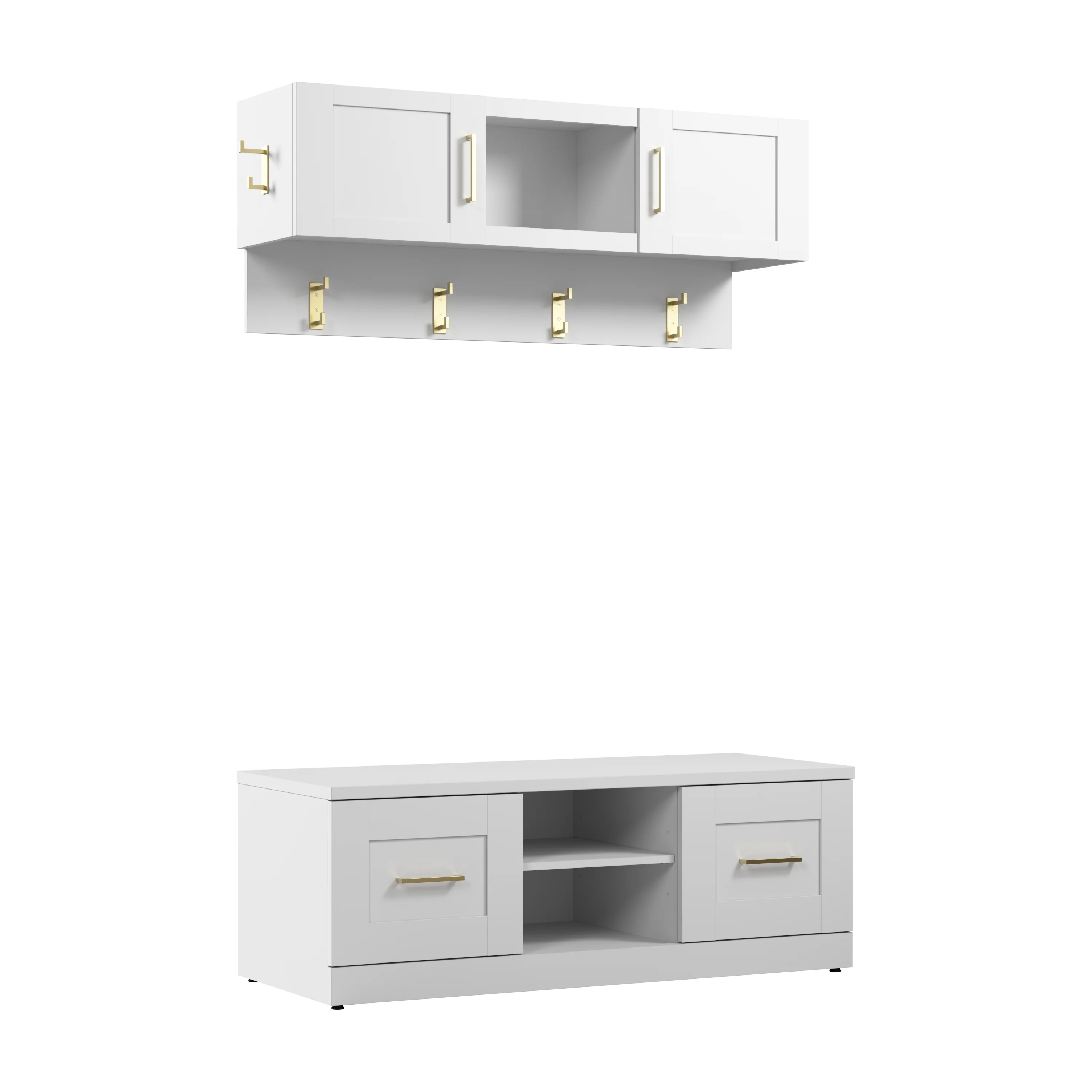 Hampton Heights 48W Shoe Bench with Doors and Wall Mounted Coat Rack