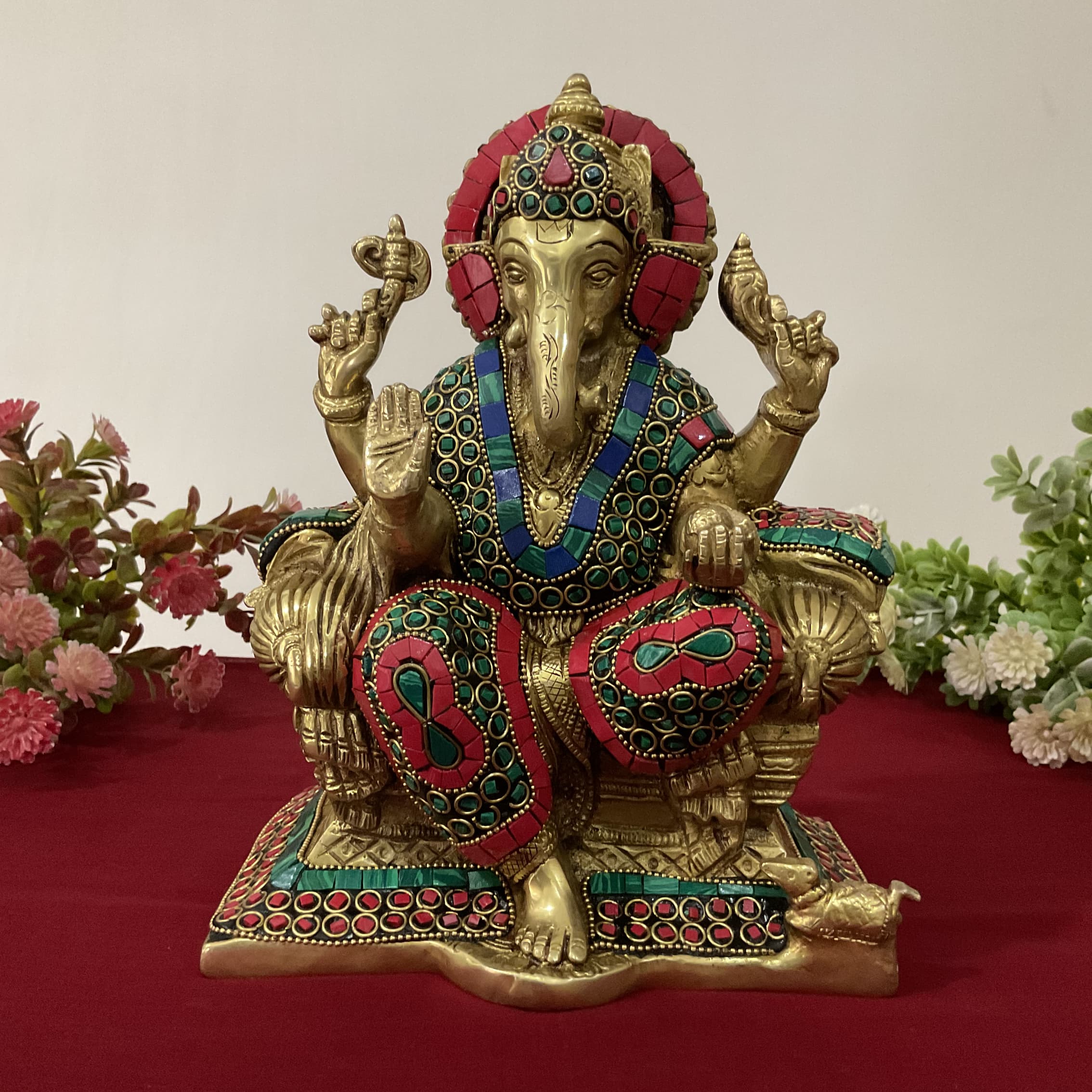 9 Inches Lord Ganesh Brass Idol - handcrafted turquoise Inlay - Decorative Figurine