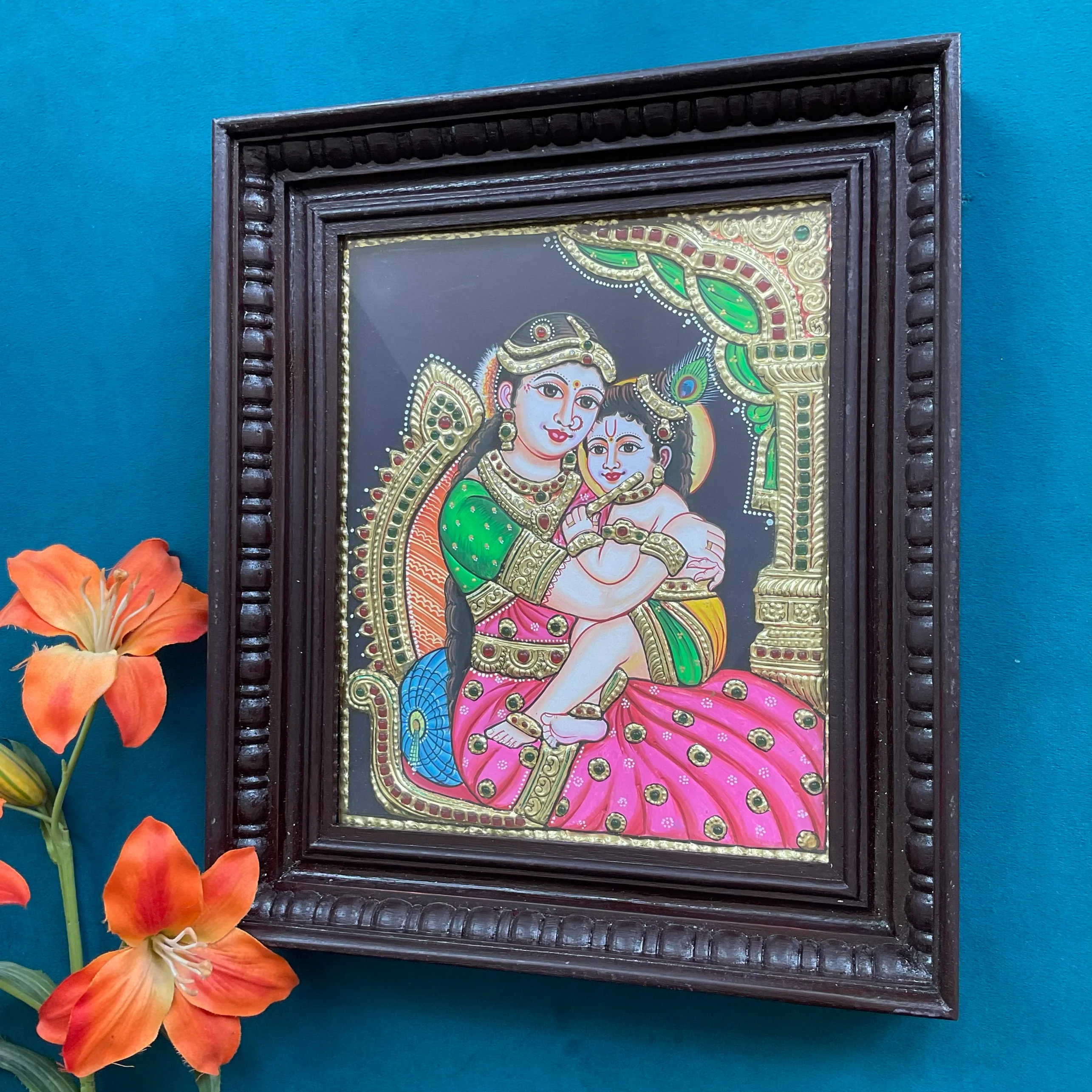 Baby Krishna Yashoda Ma Tanjore Painting - Traditional Wall Art