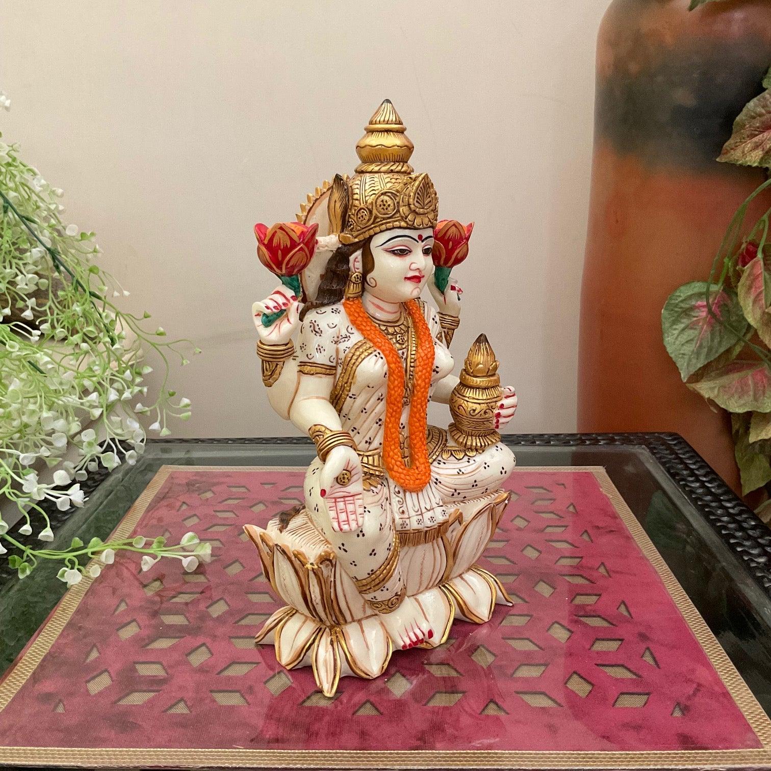 9 Inches Goddess Lakshmi Marble Dust & Resin Idol -  Hindu God Statue - Decorative Murti