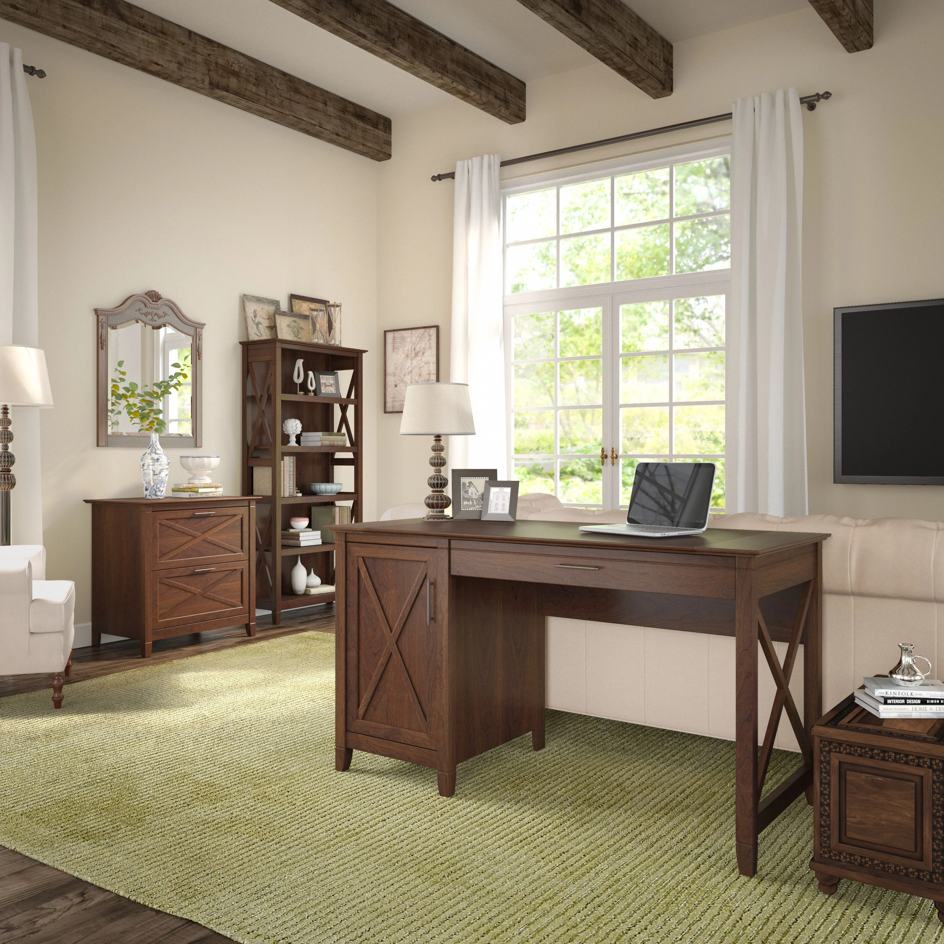 Key West 54W Computer Desk with 2 Drawer Lateral File Cabinet and 5 Shelf Bookcase