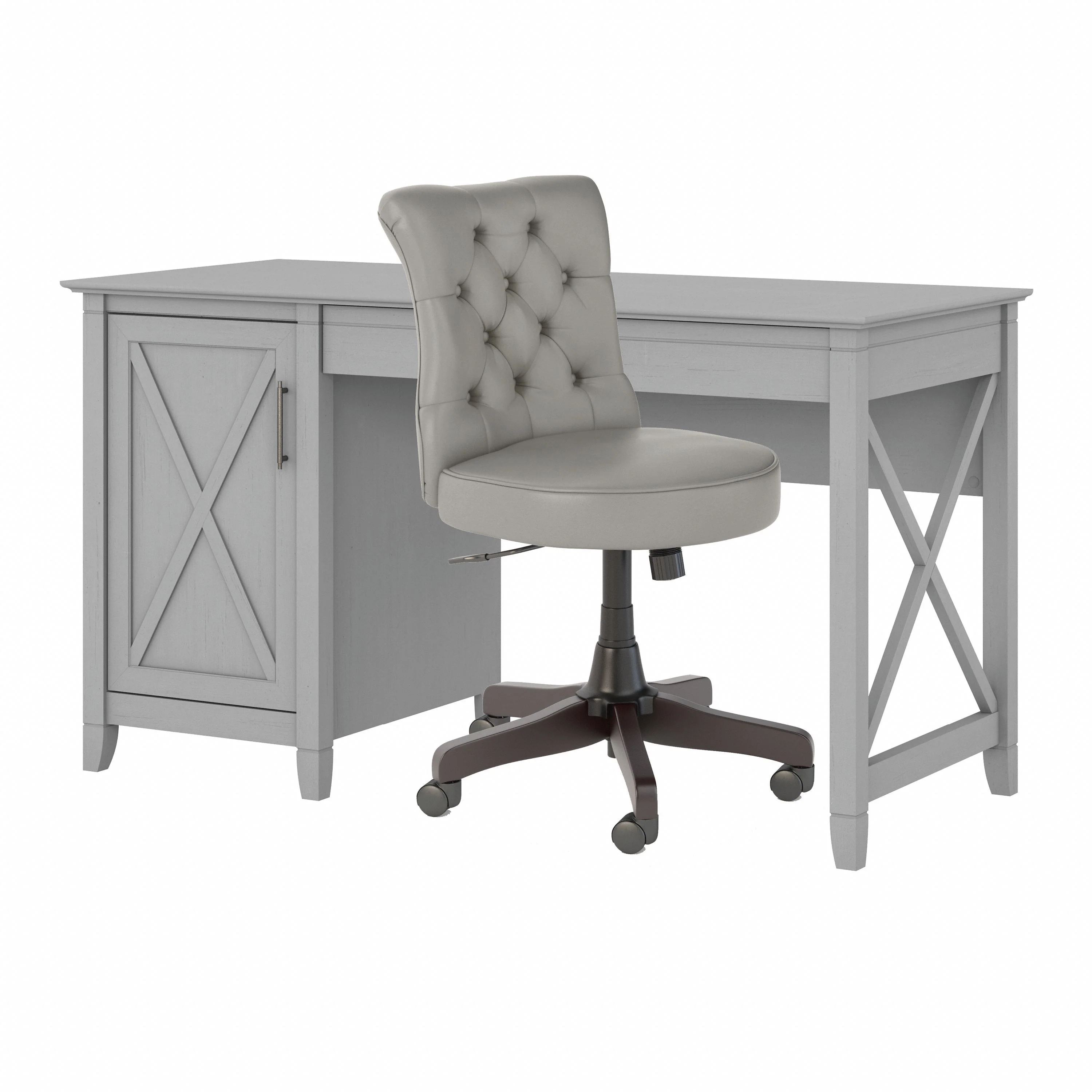 Key West 54W Computer Desk with Storage and Mid Back Tufted Office Chair