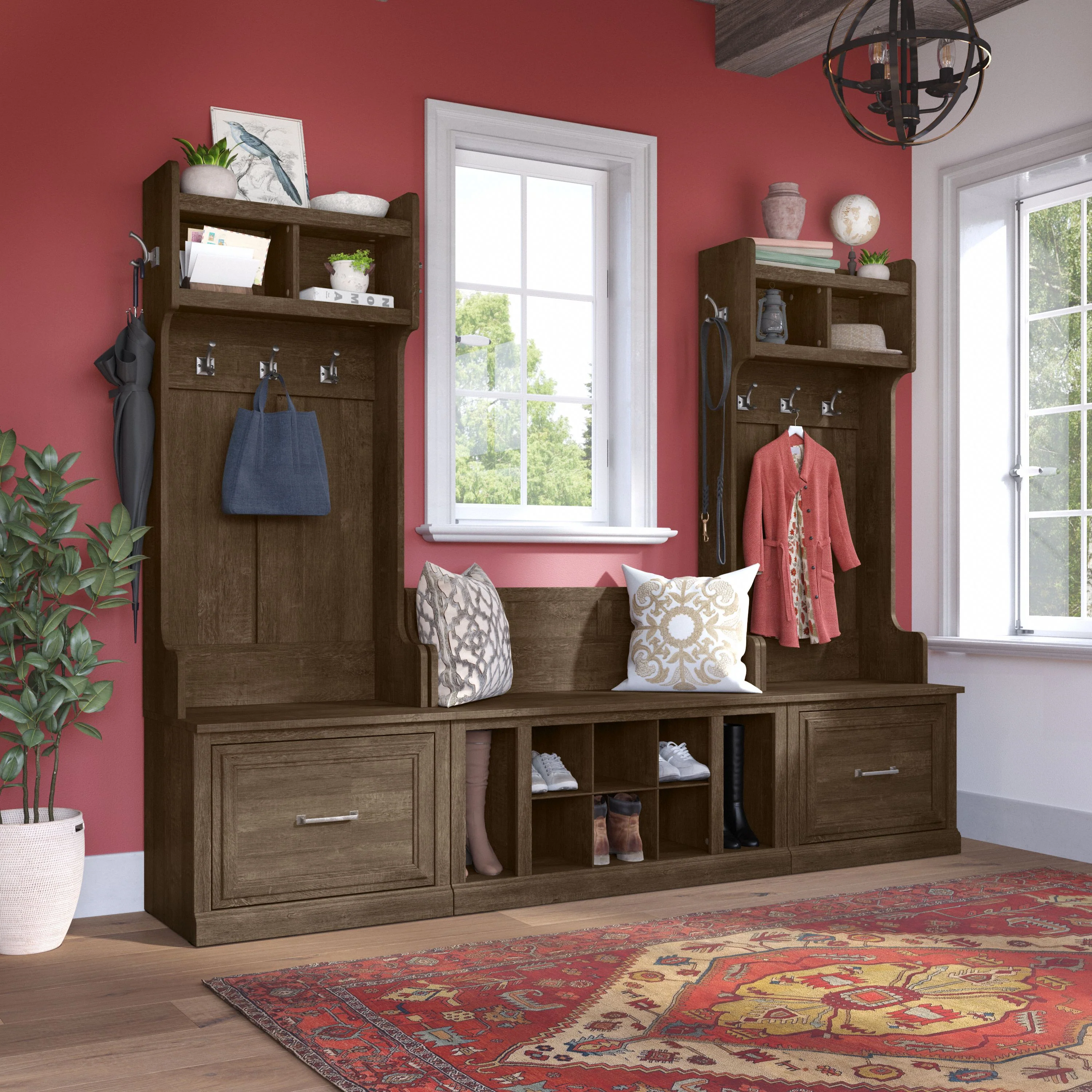 Woodland Entryway Storage Set with Hall Trees and Shoe Bench with Drawers