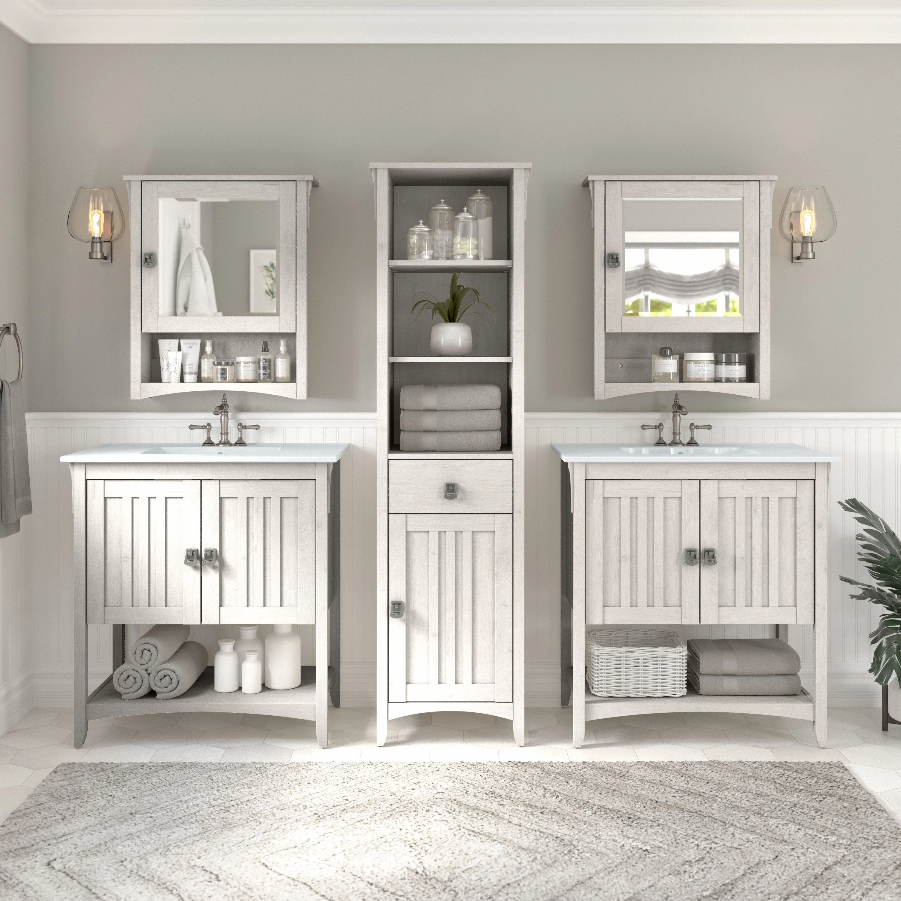 Salinas 64W Double Vanity Set with Sinks, Medicine Cabinets and Linen Tower