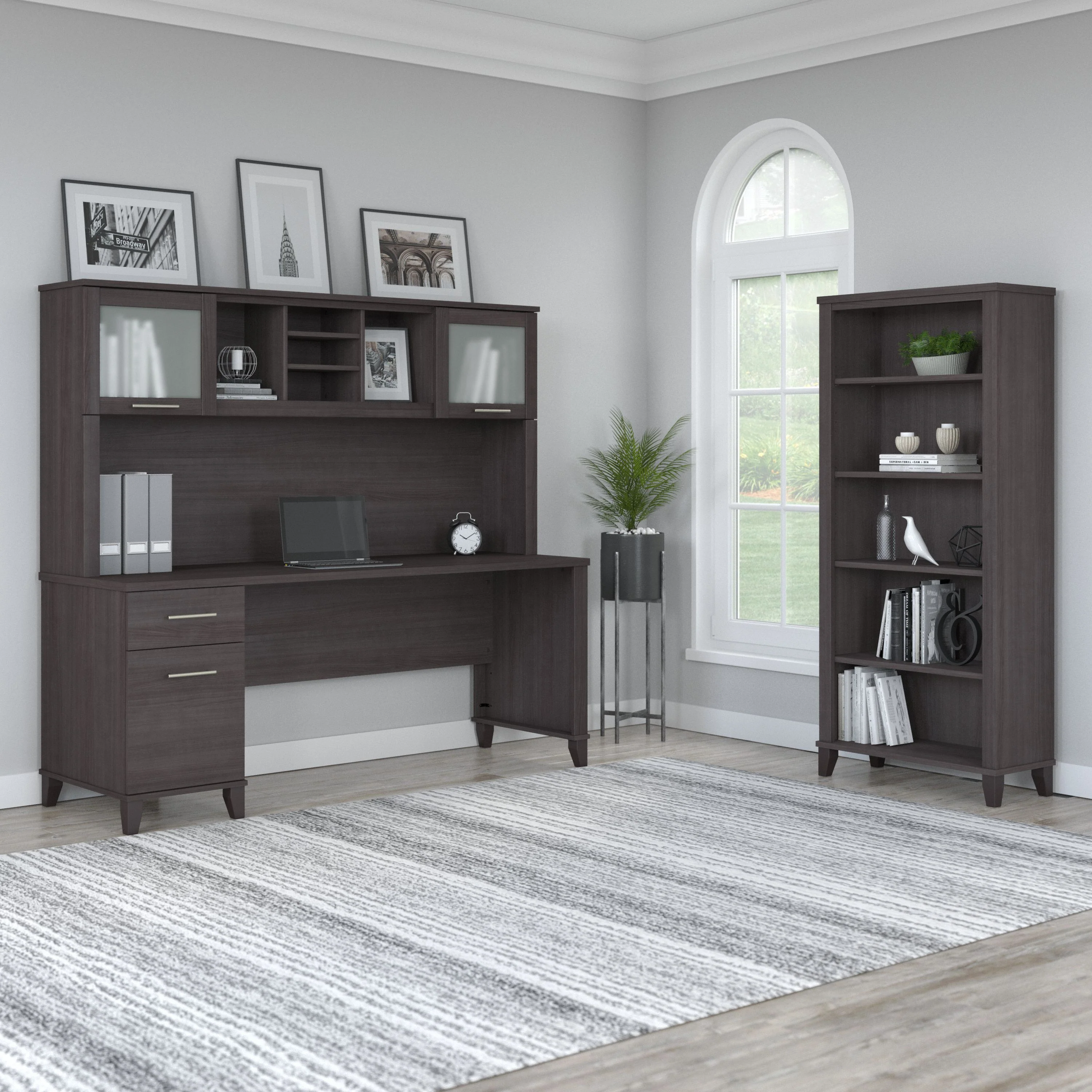 Somerset 72W Office Desk with Hutch and 5 Shelf Bookcase