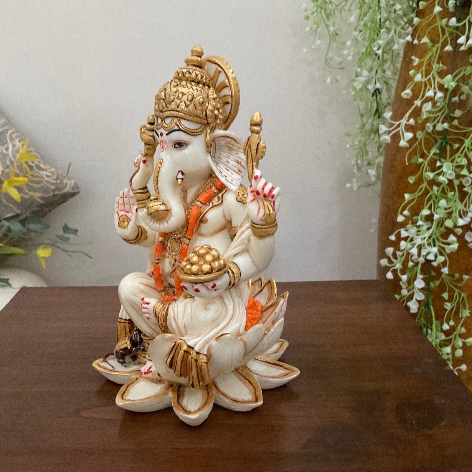 7 Inches Ganesha Marble Dust Resin Idol -  Ganpati Decorative Statue for Home Decor - Housewarming Gift