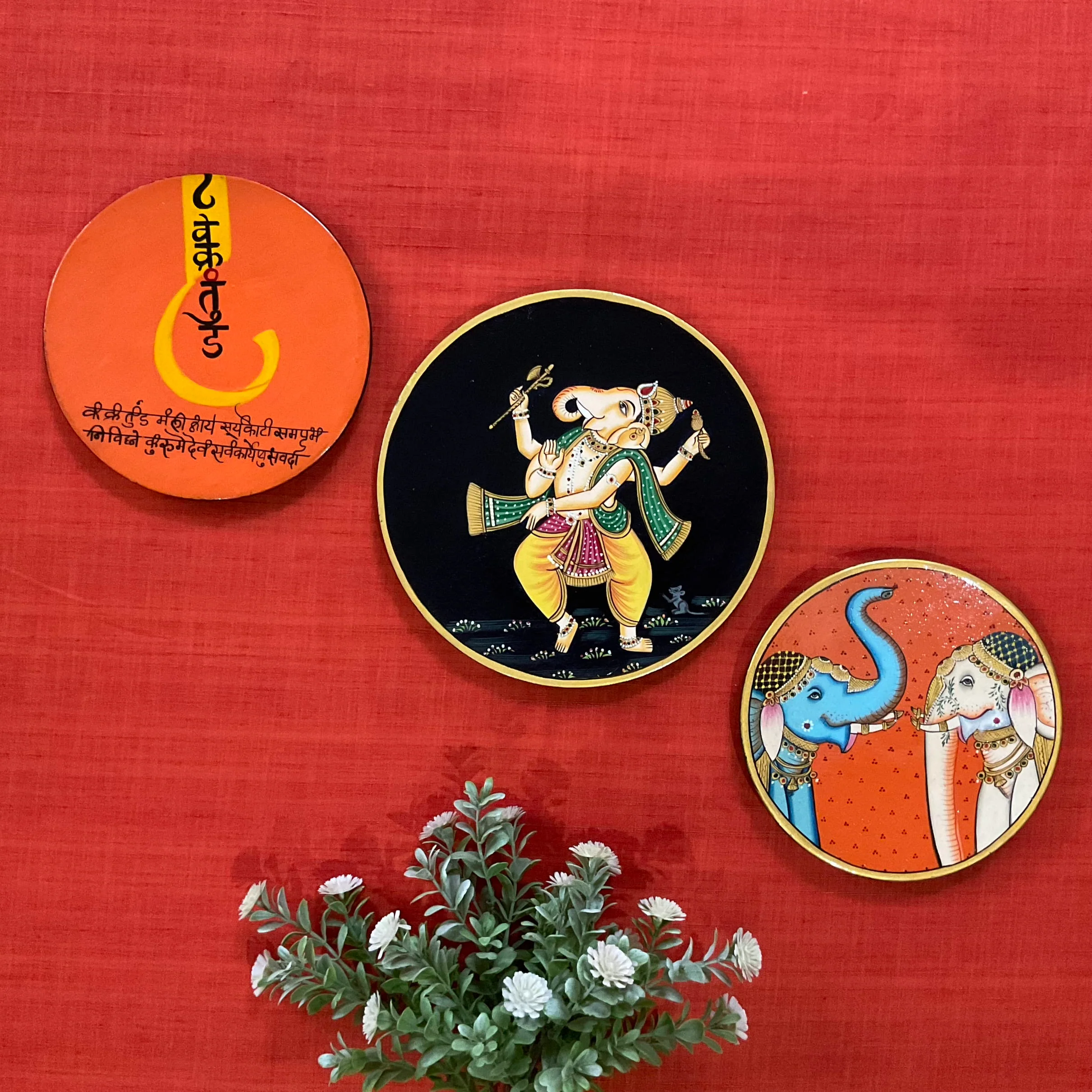 Ganpati Elephant Pichwai Wall Hanging - Decorative Round Plate