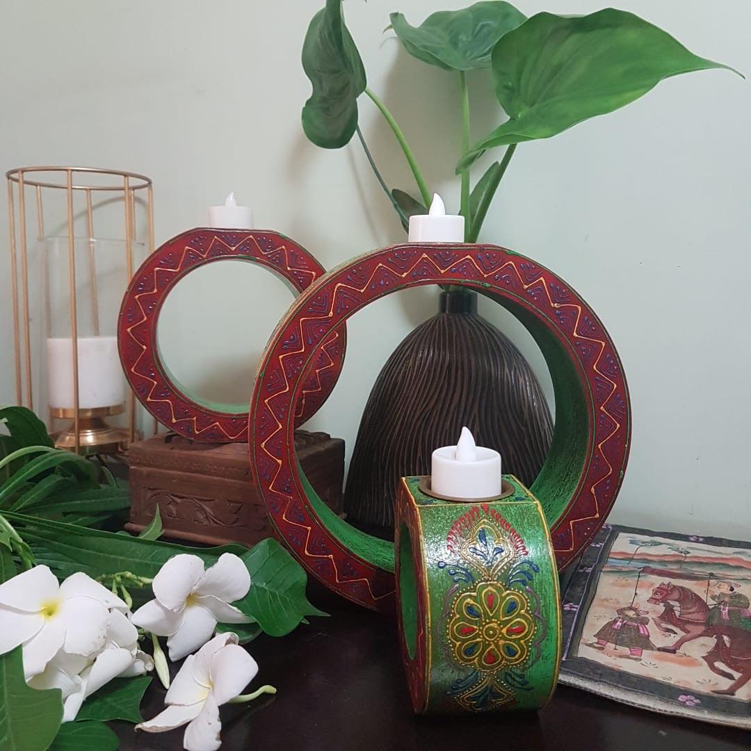 Green & Red - Rajasthani Wooden Candle Holder (Set of 3)