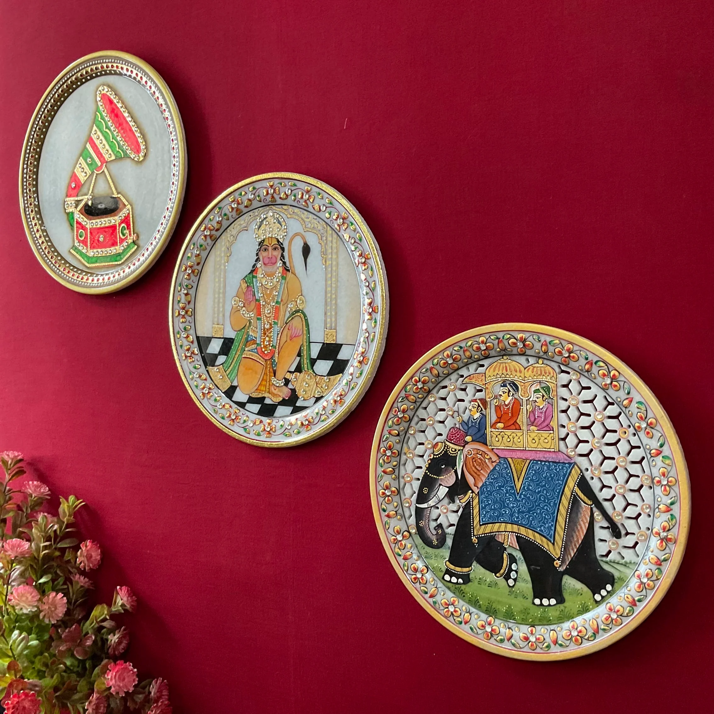 Hanumanji, Elephant And Gramaphone Painting (Set of 3) - Wall Hanging - Decorative Round Marble Plate