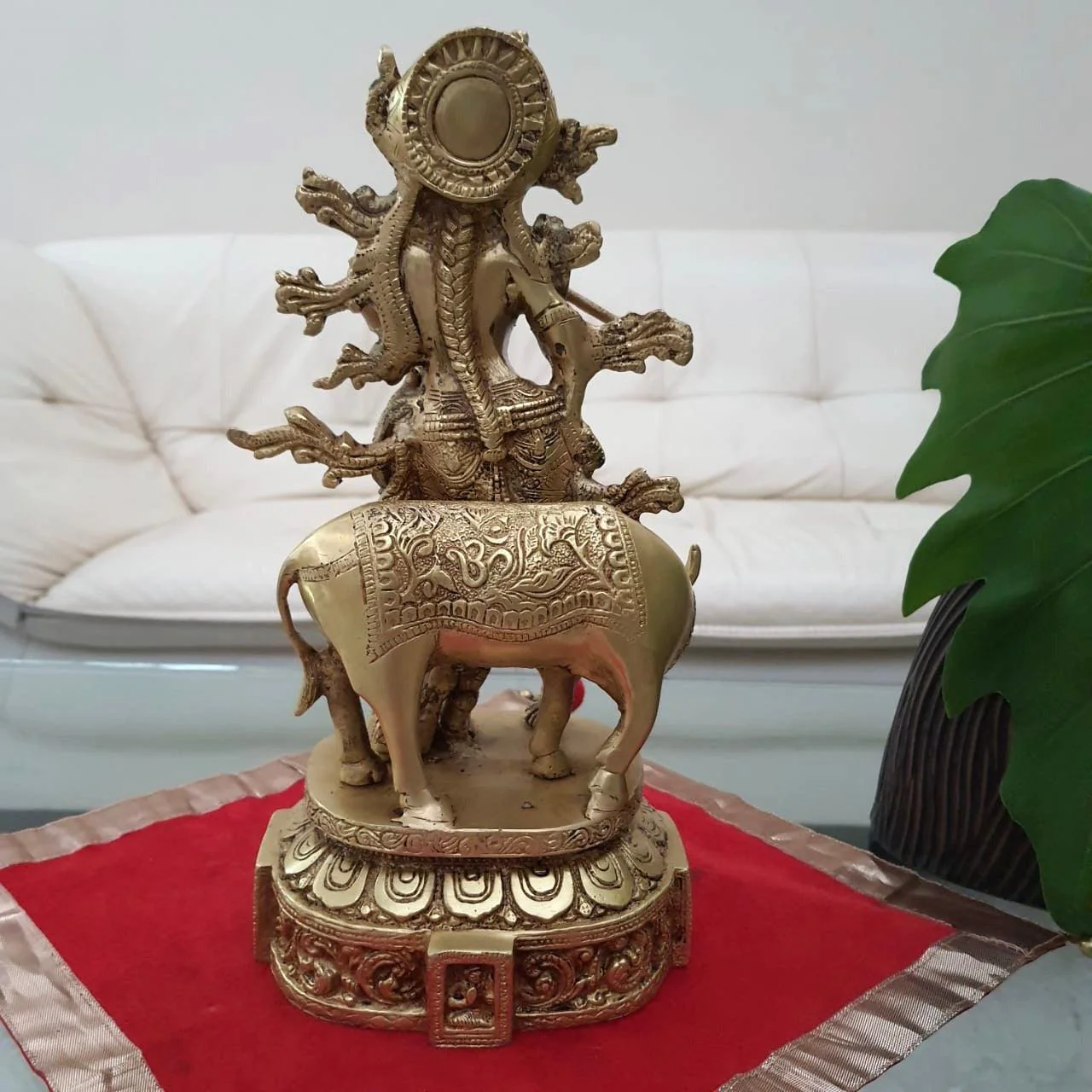 Lord Krishna Statue, 12 Inches Brass Krishna Cow idol For Home Temple