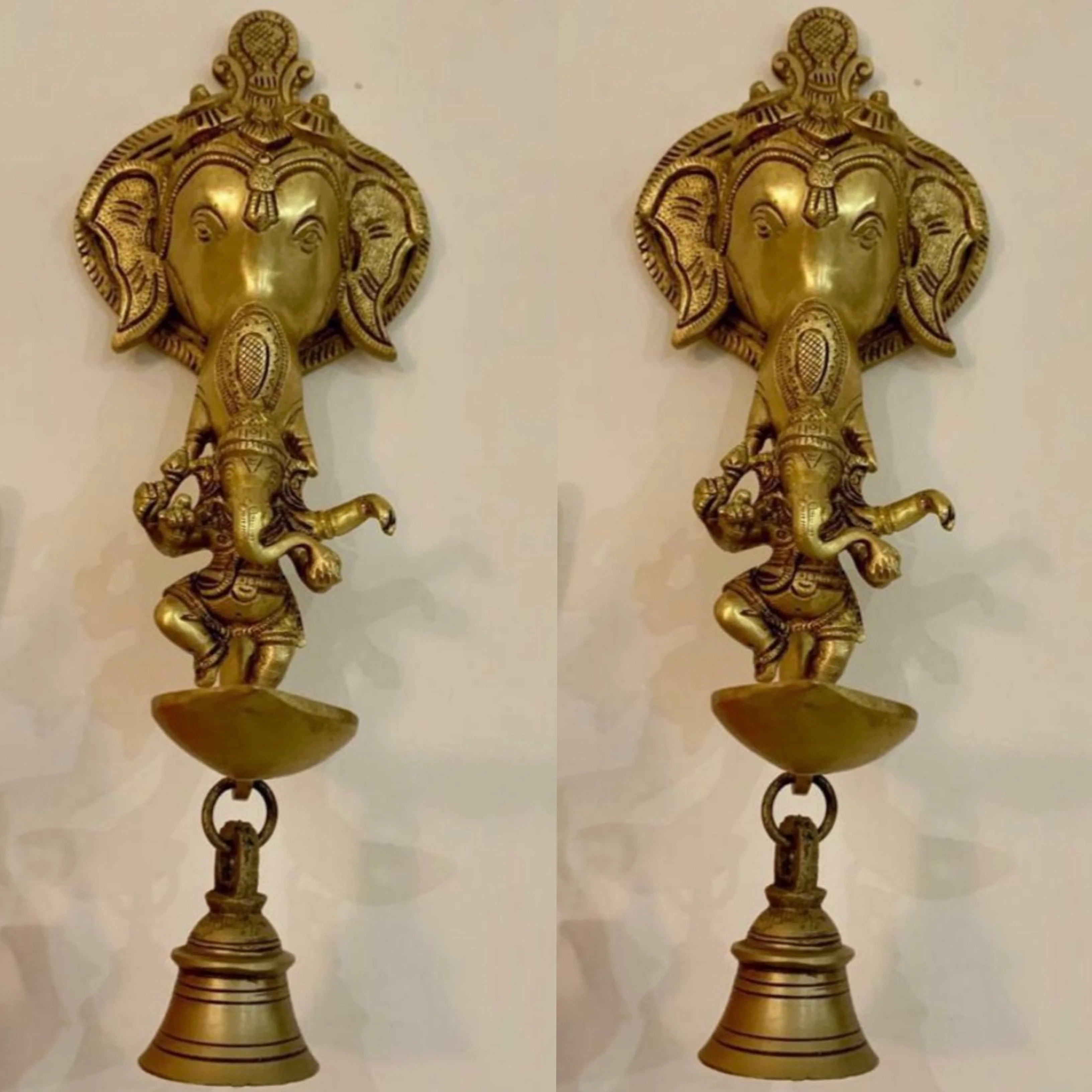 Lord Ganesh Brass Hanging Diya and bell (Set of 2) - Traditional Home Decor