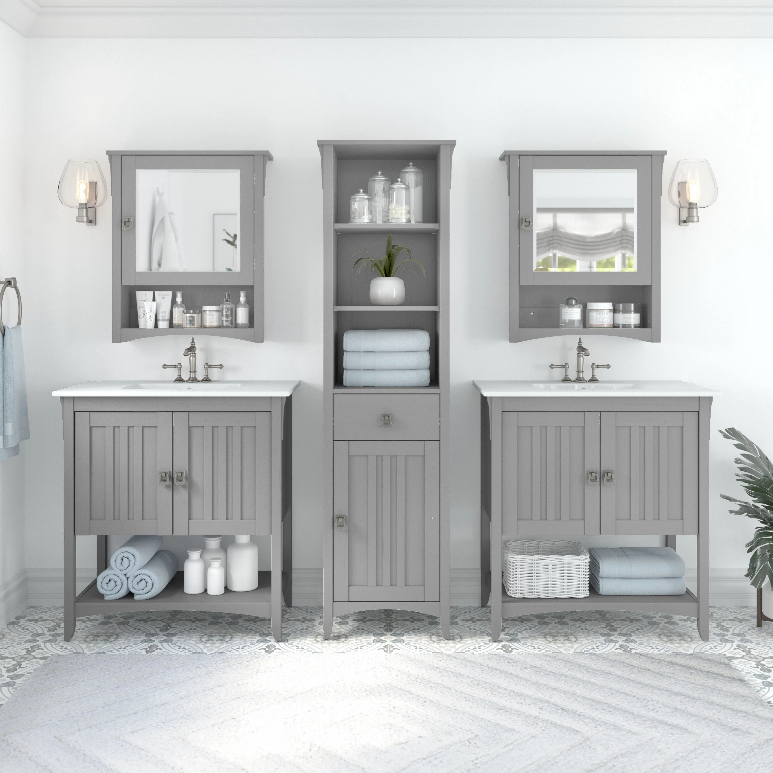 Salinas 64W Double Vanity Set with Sinks, Medicine Cabinets and Linen Tower
