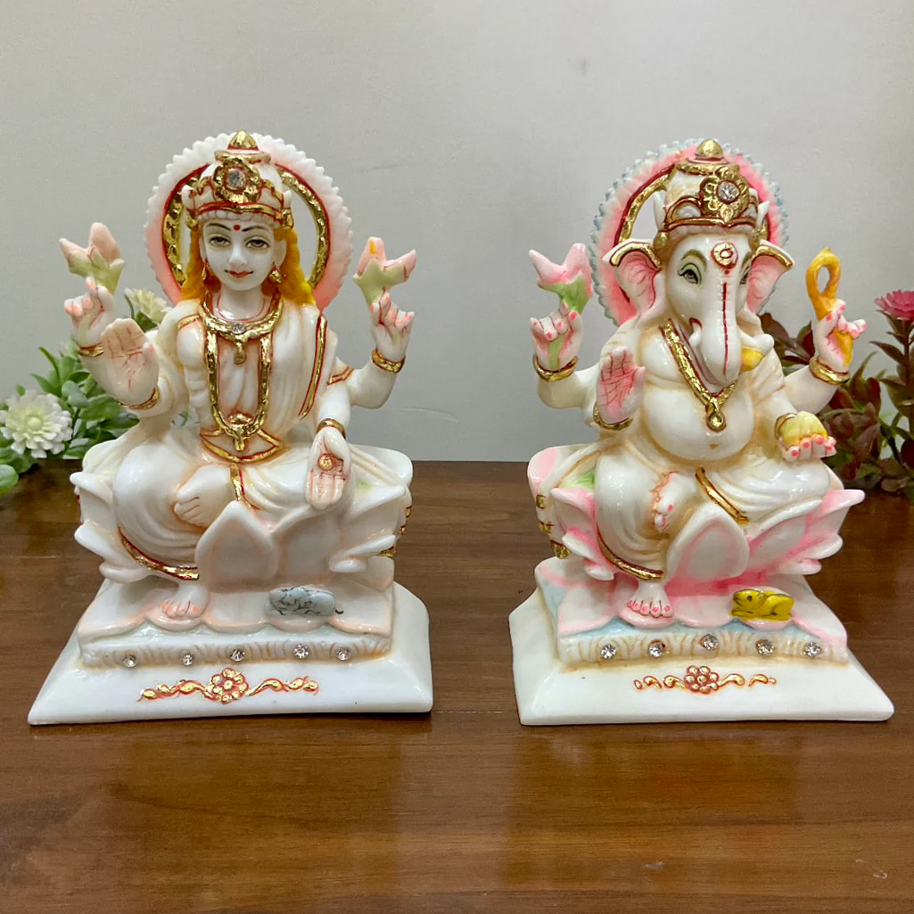 6 Inches Lakshmi Ganesha Marble Dust & Resin Idol - Hindu God Statue - Decorative Murti