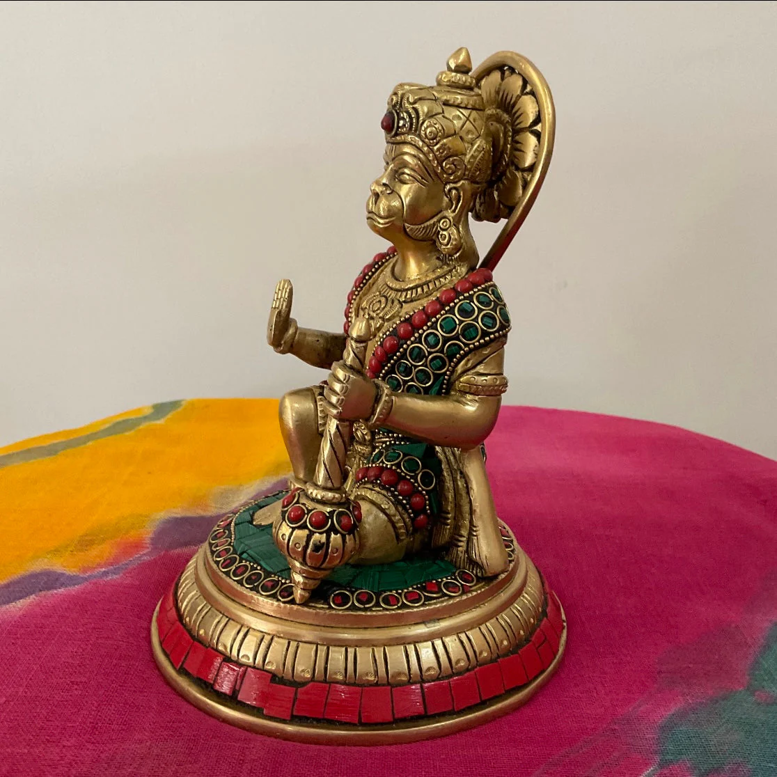 7 Inches Lord Hanuman Brass Idol With Stonework - Decorative Home Decor