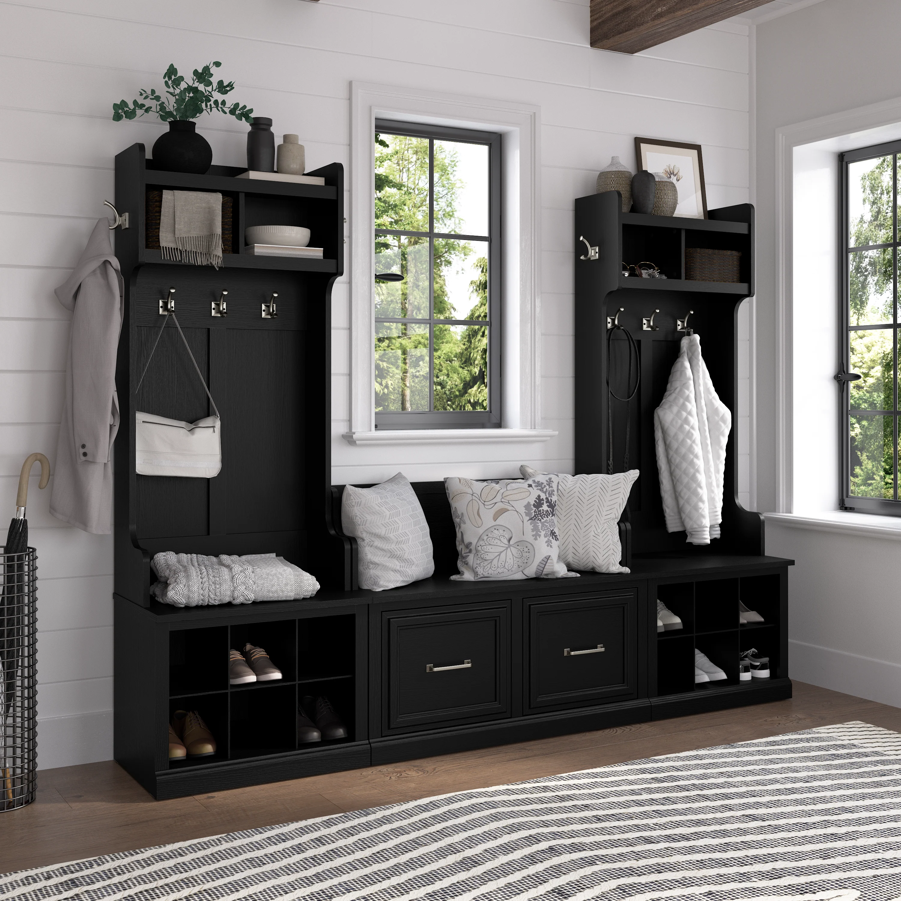 Woodland Entryway Storage Set with Hall Trees and Shoe Bench with Doors