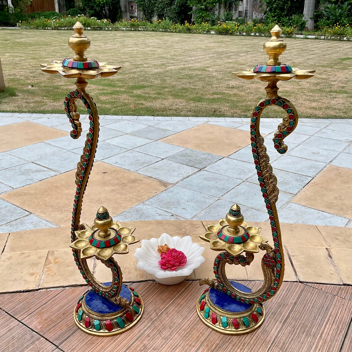 20 Inches Handmade Standing Brass Diya Lamp With Stonework (Set of 2)