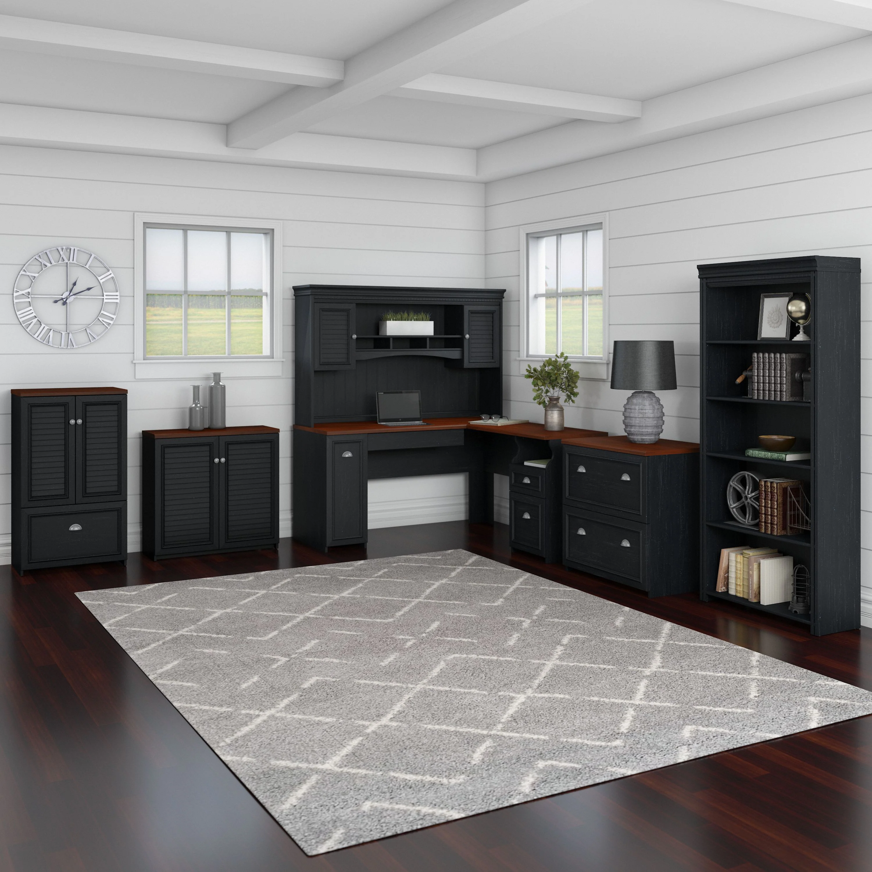 Fairview 60W L Shaped Desk with Hutch, Bookcase, Storage and File Cabinets