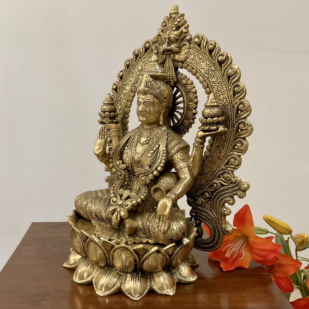 15 Inches Goddess Lakshmi Brass Idol - Goddess of Fortune, Wealth, Prosperity - Pooja Statue