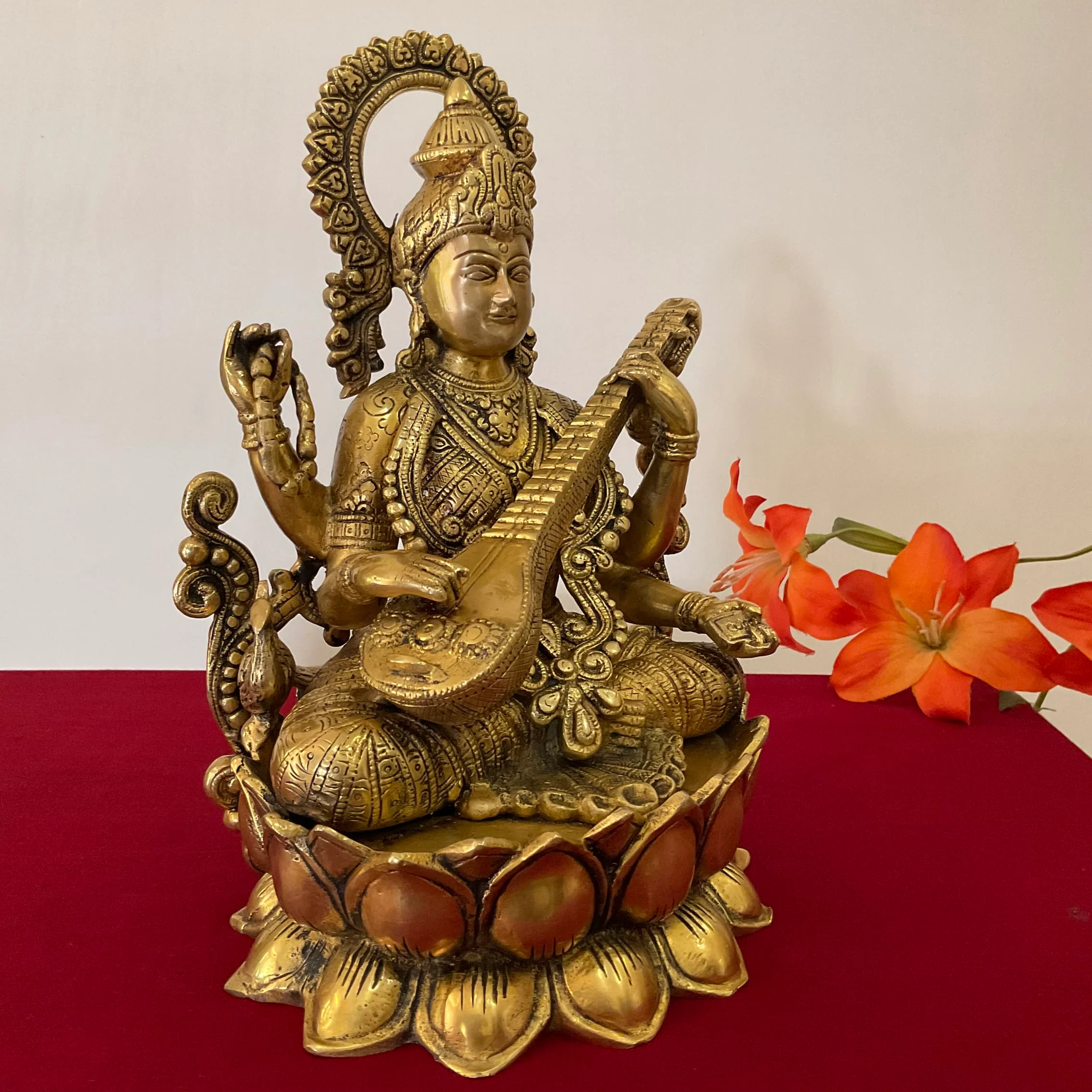 12 Inch Goddess Saraswati Brass Idol, Pooja Statue