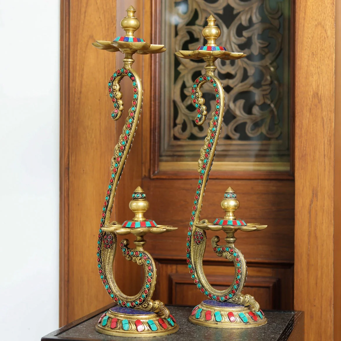 20 Inches Handmade Standing Brass Diya Lamp With Stonework (Set of 2)