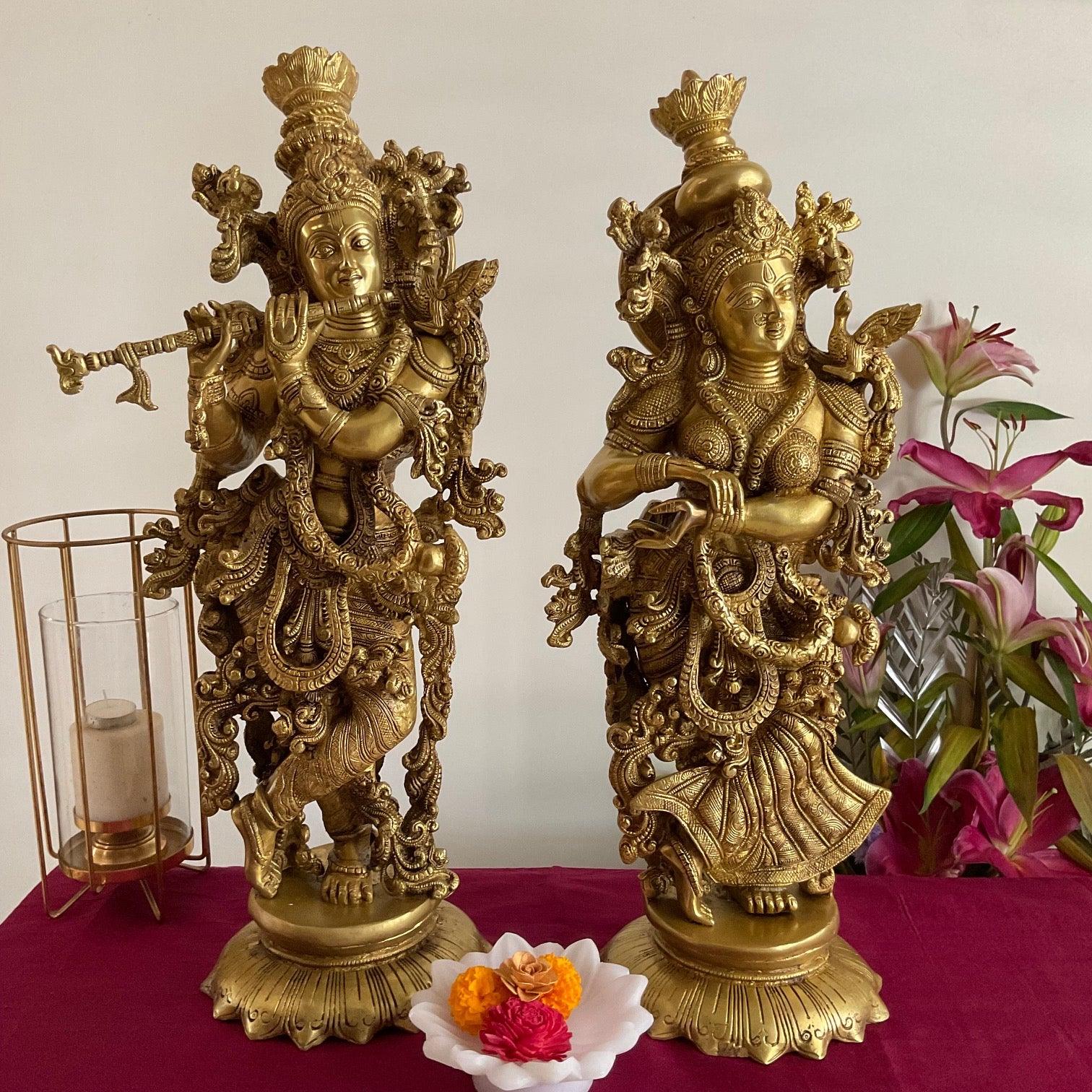 Radha Krishna Brass Idol, 25 Inch Krishna Statue Large - Handmade Decorative Figurines