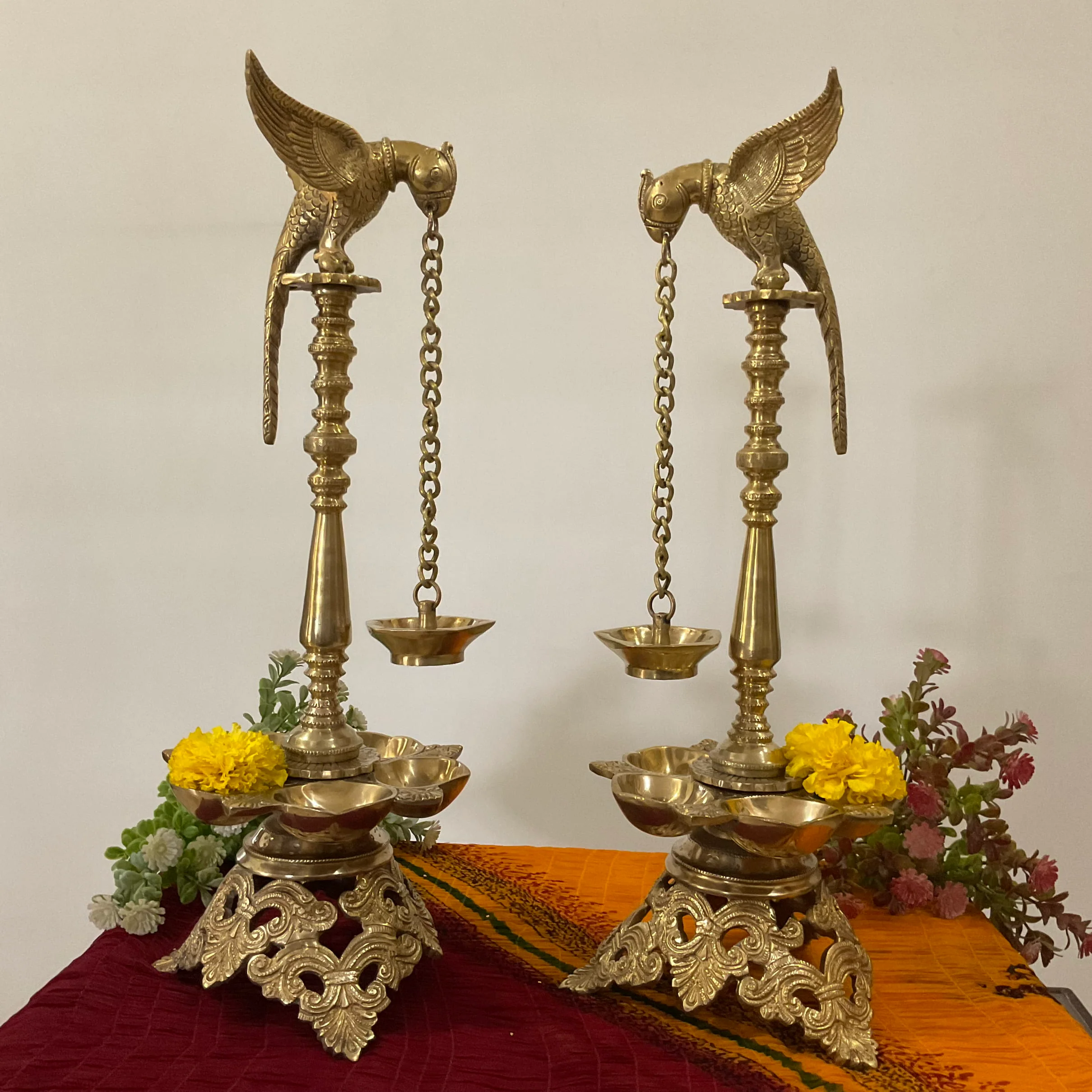 20 Inch Brass Annapakshi Hanging Diya Lamp (Set of 2) For Pooja Room Decor